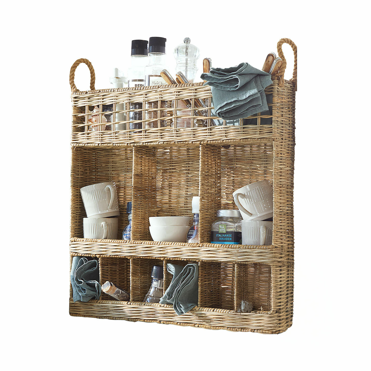 Gewürzregal Yilvento Wandregal aus Rattan mit Fächern für Gewürze, Tassen und Küchentücher in Naturfarbe
