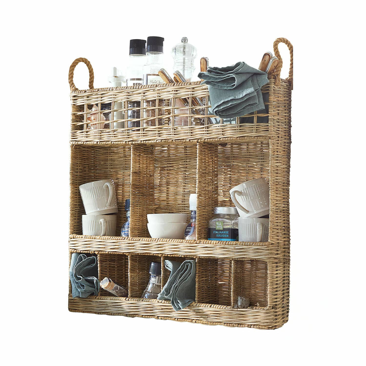 Gewürzregal Yilvento Wandregal aus Rattan mit Fächern für Gewürze, Tassen und Küchentücher in Naturfarbe