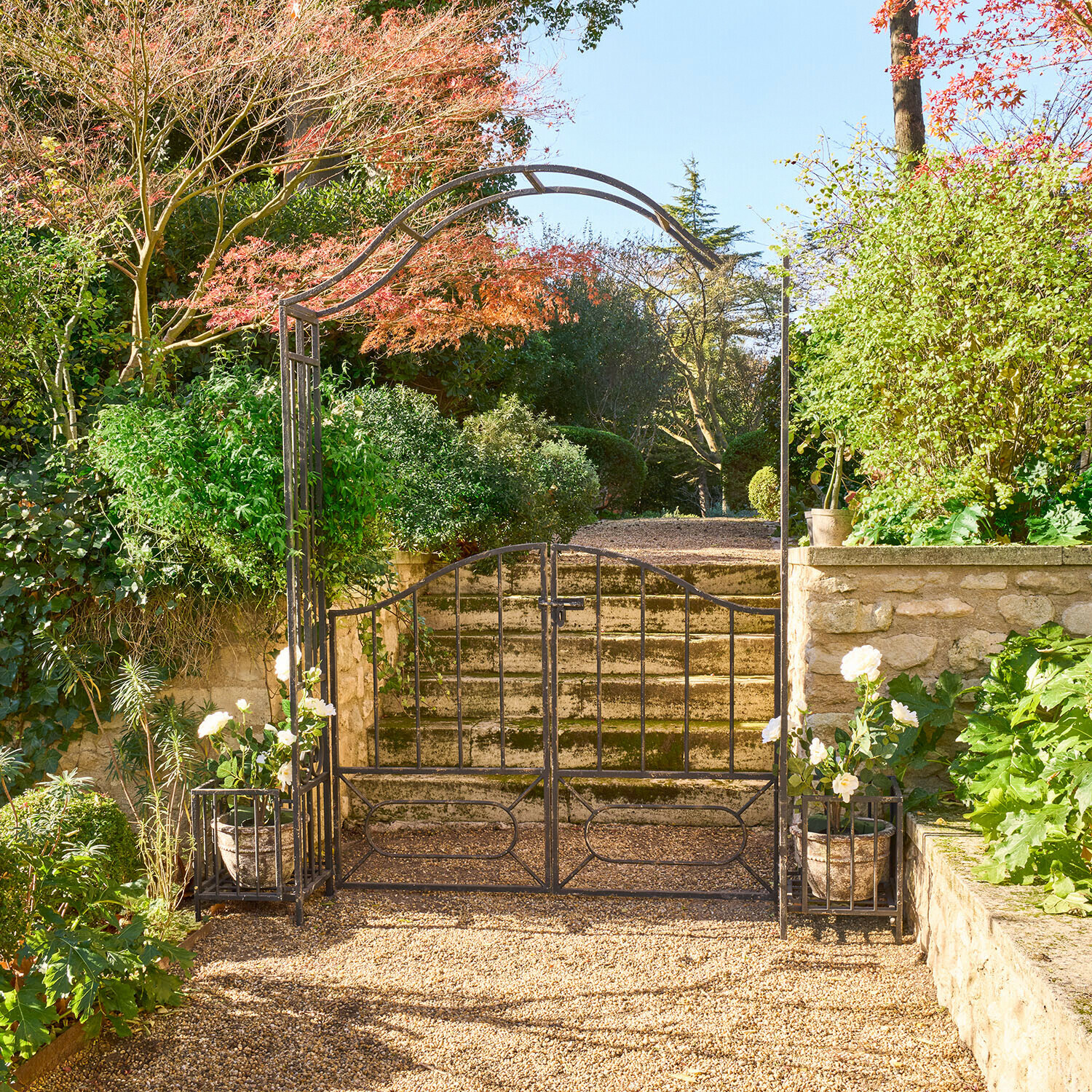 Schwarzes Metall-Gartentor mit Bogen und weissen Blumentöpfen auf sonnigem Kiesweg