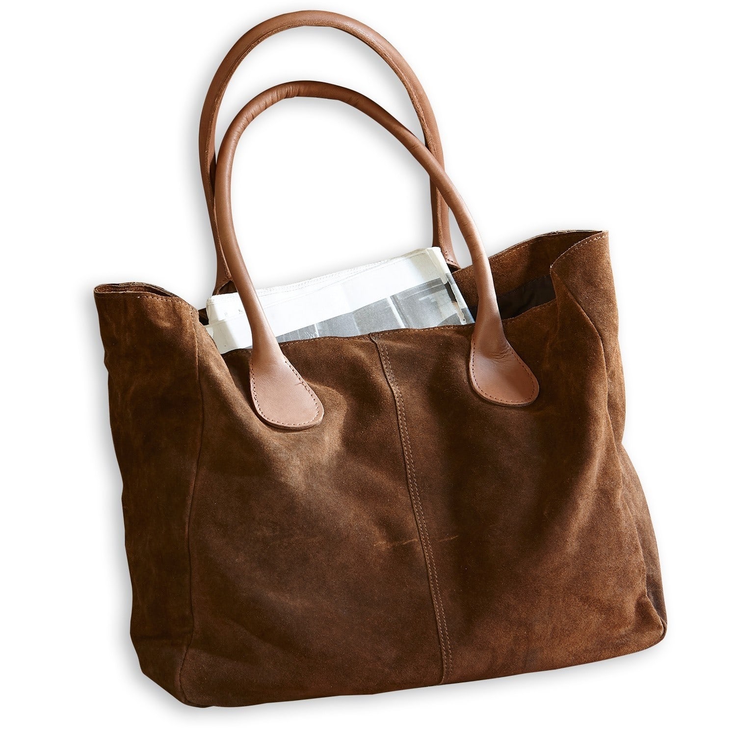 Tasche Genevielle Braune Wildledertasche mit hellbraunen Griffen, praktische Einkaufstasche für den Alltag.