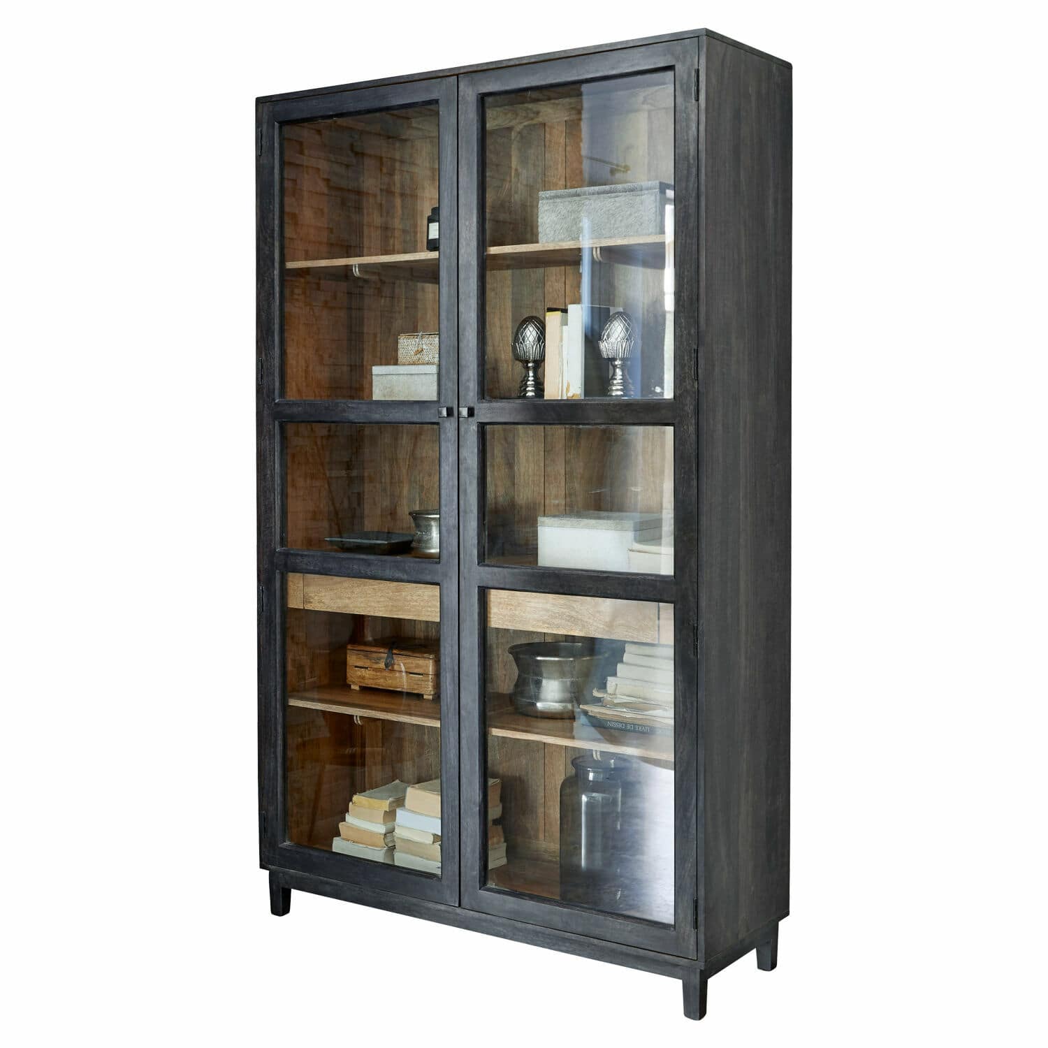 Schrank Altagracia Schwarze Metallvitrine mit Glastüren und Holzregalen zur Aufbewahrung von Büchern und Dekorationsgegenständen
