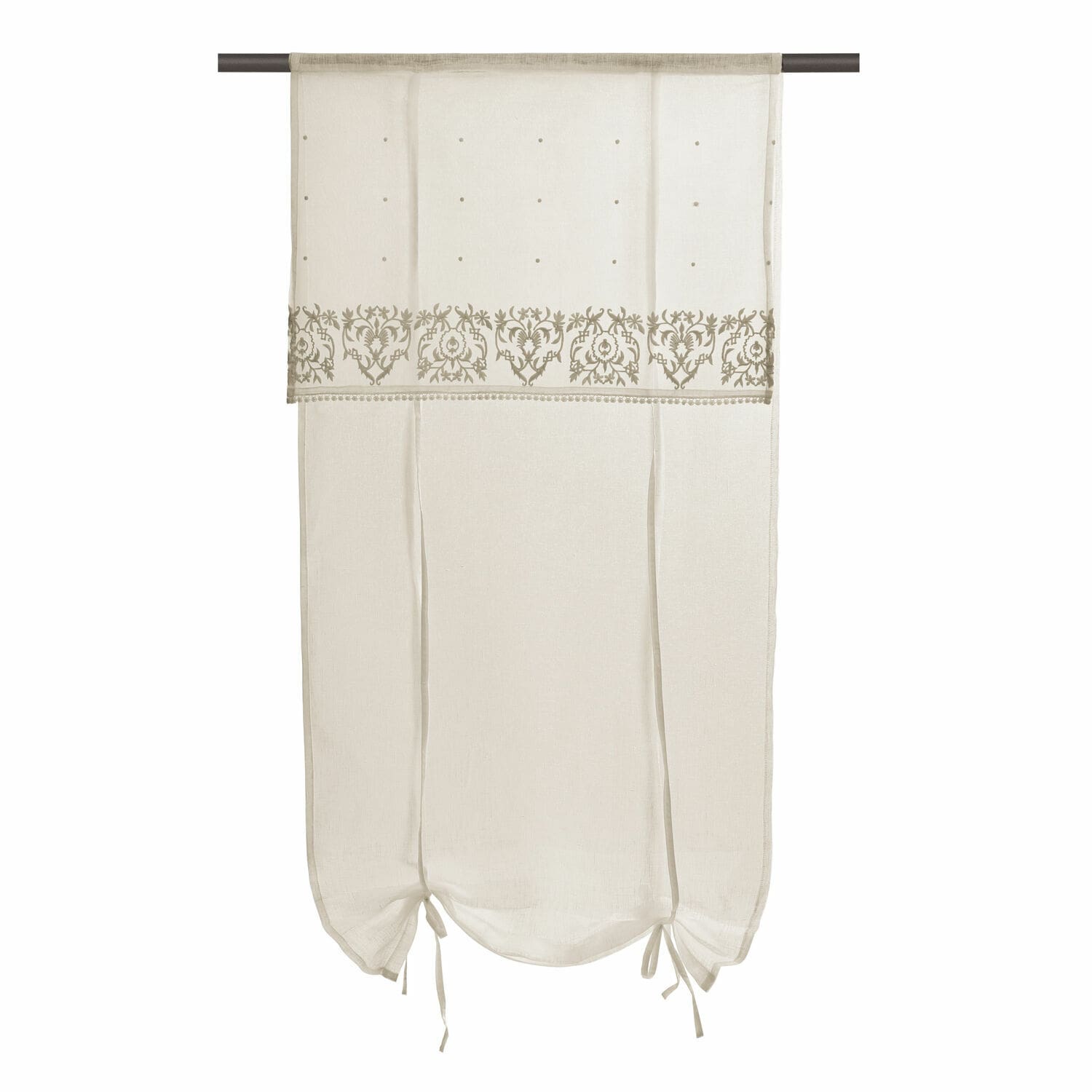 Scheibengardine Darice Beige Gardine mit feiner Stickerei und Bändern, leichter Stoff für Fensterdekoration.