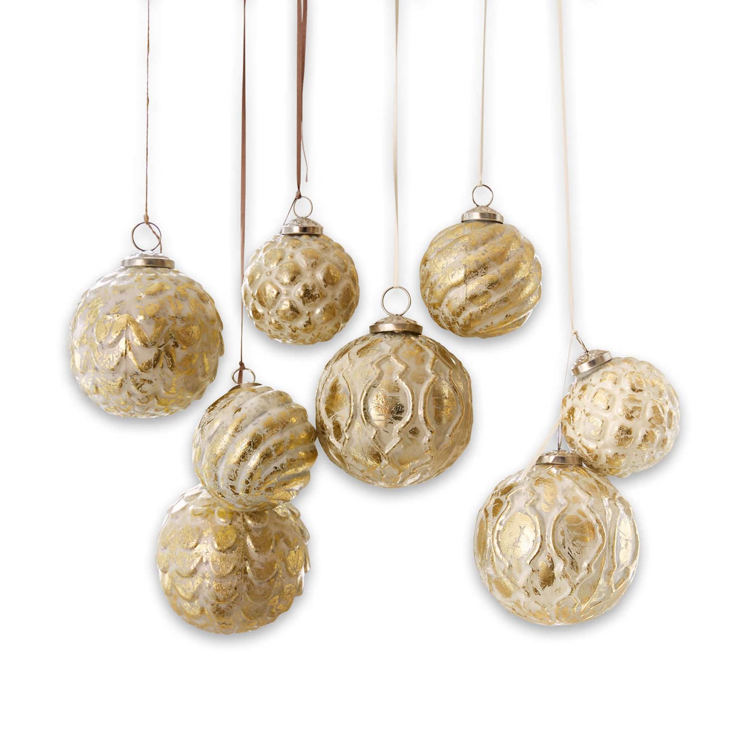 Weihnachtsschmuck 8er Set Imogen Set aus gold-weissen Glas-Weihnachtskugeln mit verschiedenen Mustern zur Baumschmuckdekoration