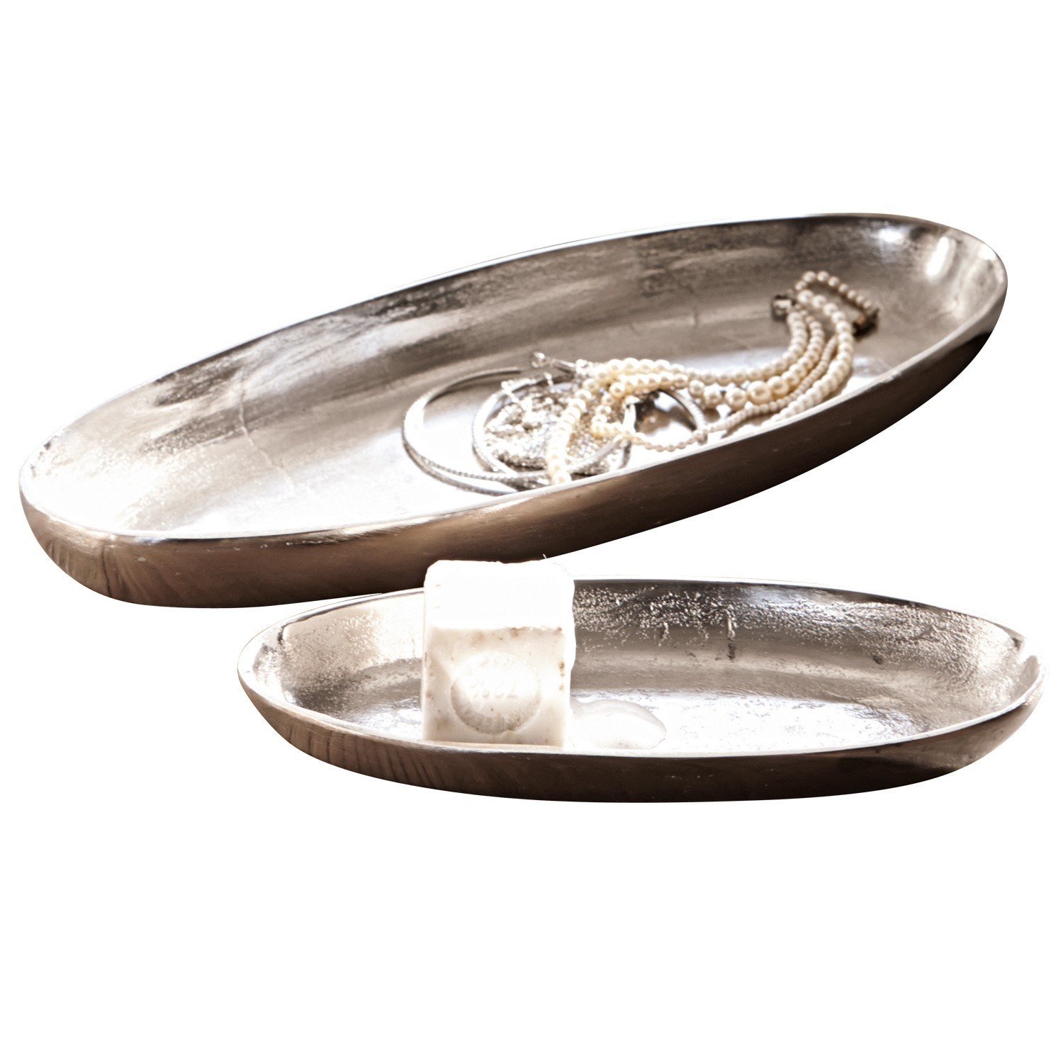 Schalen 2er Set Marné Ovale silberne Metallschale mit Schmuck und Seife, elegantes Wohnaccessoire für das Zuhause