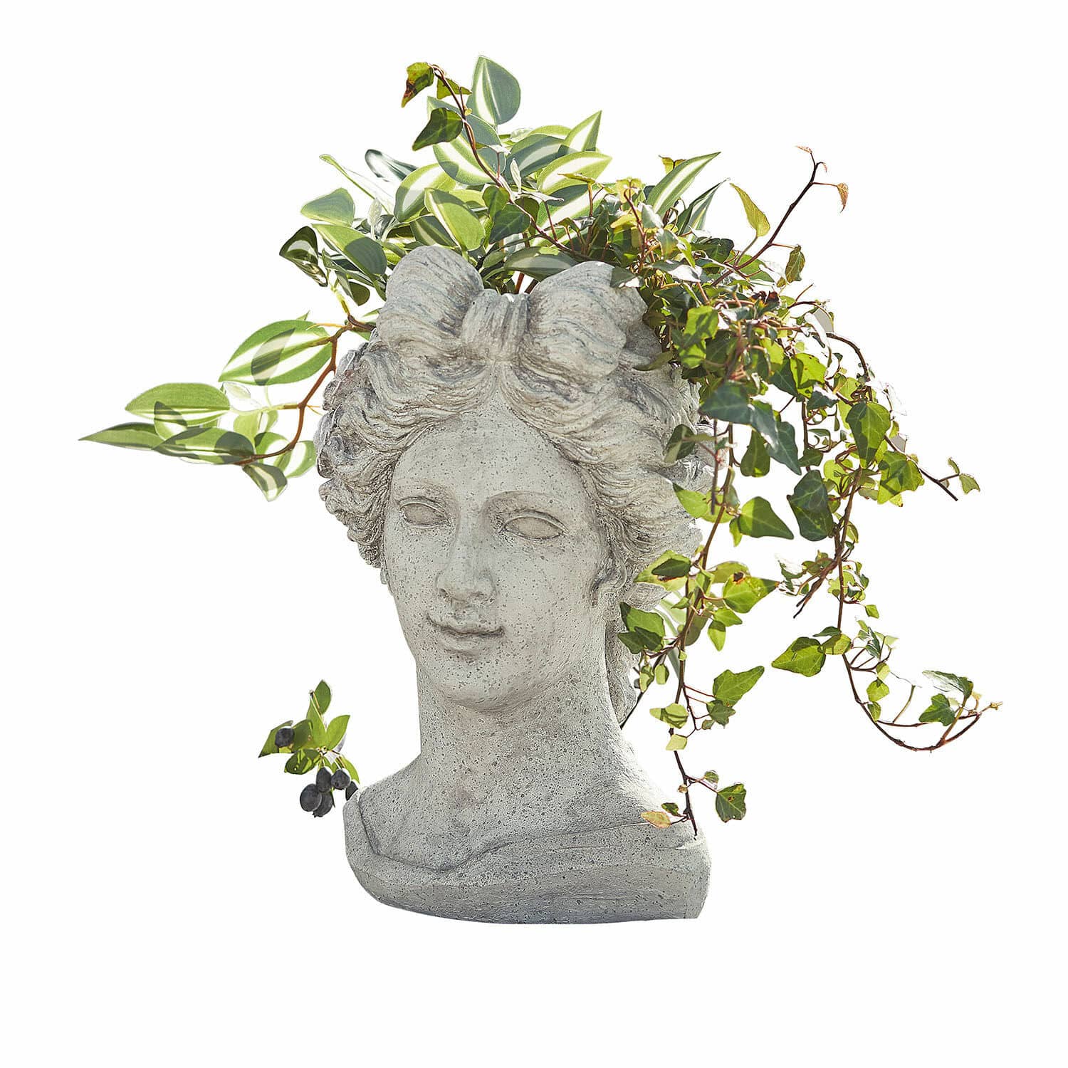 Übertopf Cassiopeia Blumenvase in Form eines Frauenkopfs aus grauem Stein mit grünen Pflanzen, Gartendekoration
