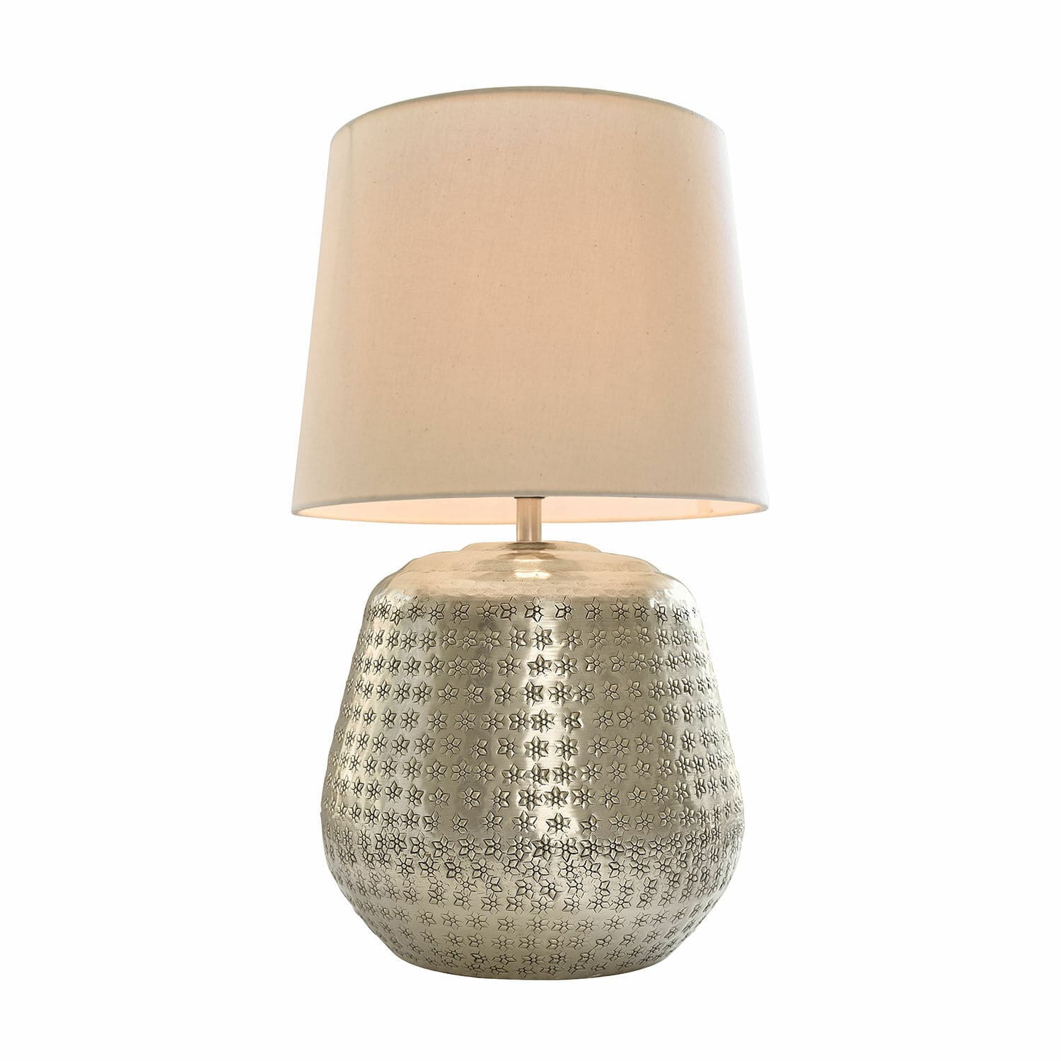 Tischlampe Blancos Tischlampe mit silberner, gemusterter Metallbasis und beigem Lampenschirm, Wohnraumbeleuchtung