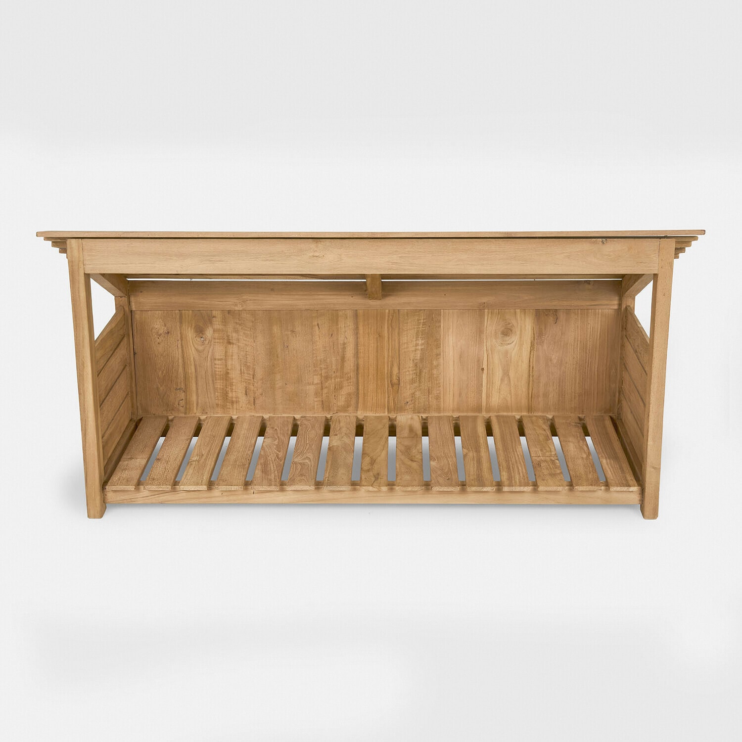 Outdoor-Regal Mabry Bank aus hellem Naturholz mit Ablagefläche unten, schlichtes und funktionales Design
