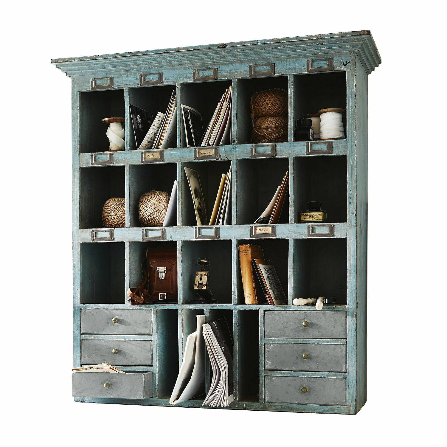 Regal Andover Blauer Holzschrank mit vielen Fächern und Schubladen zur Aufbewahrung von Dokumenten und Zubehör.