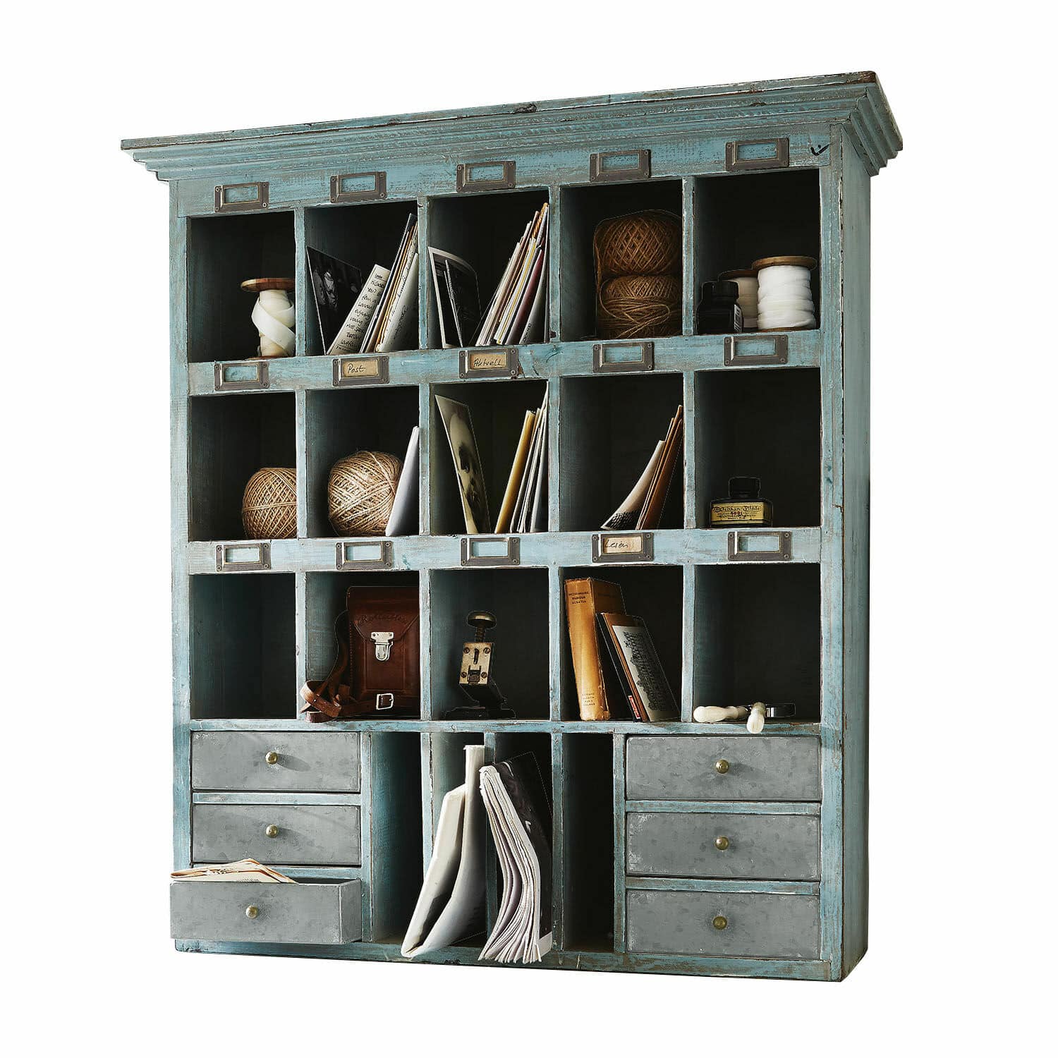 Regal Andover Blauer Holzschrank mit vielen Fächern und Schubladen zur Aufbewahrung von Dokumenten und Zubehör.