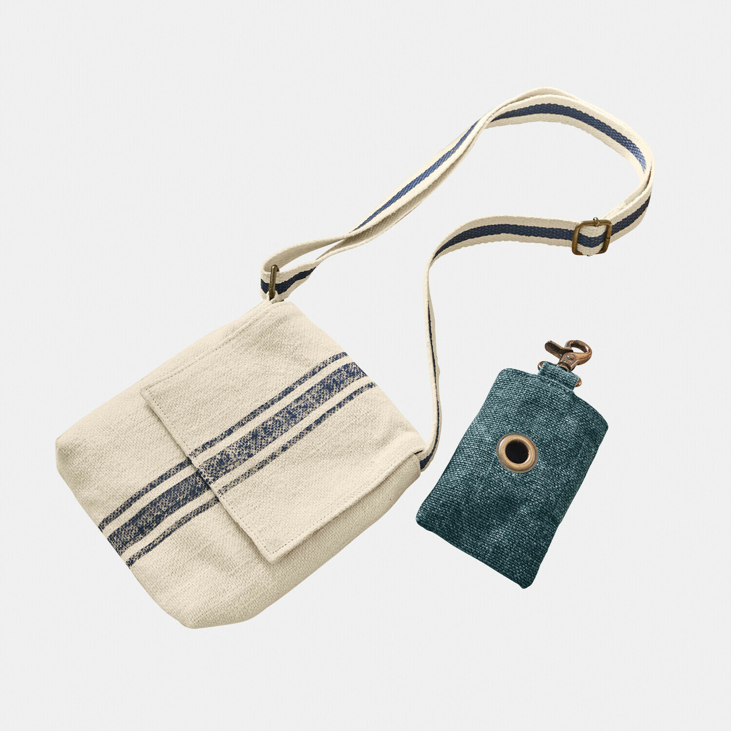 Täschchen 2er Set Pawera Beige Baumwoll-Umhängetasche mit blauen Streifen und grünem Schlüssel-Etui mit Karabiner