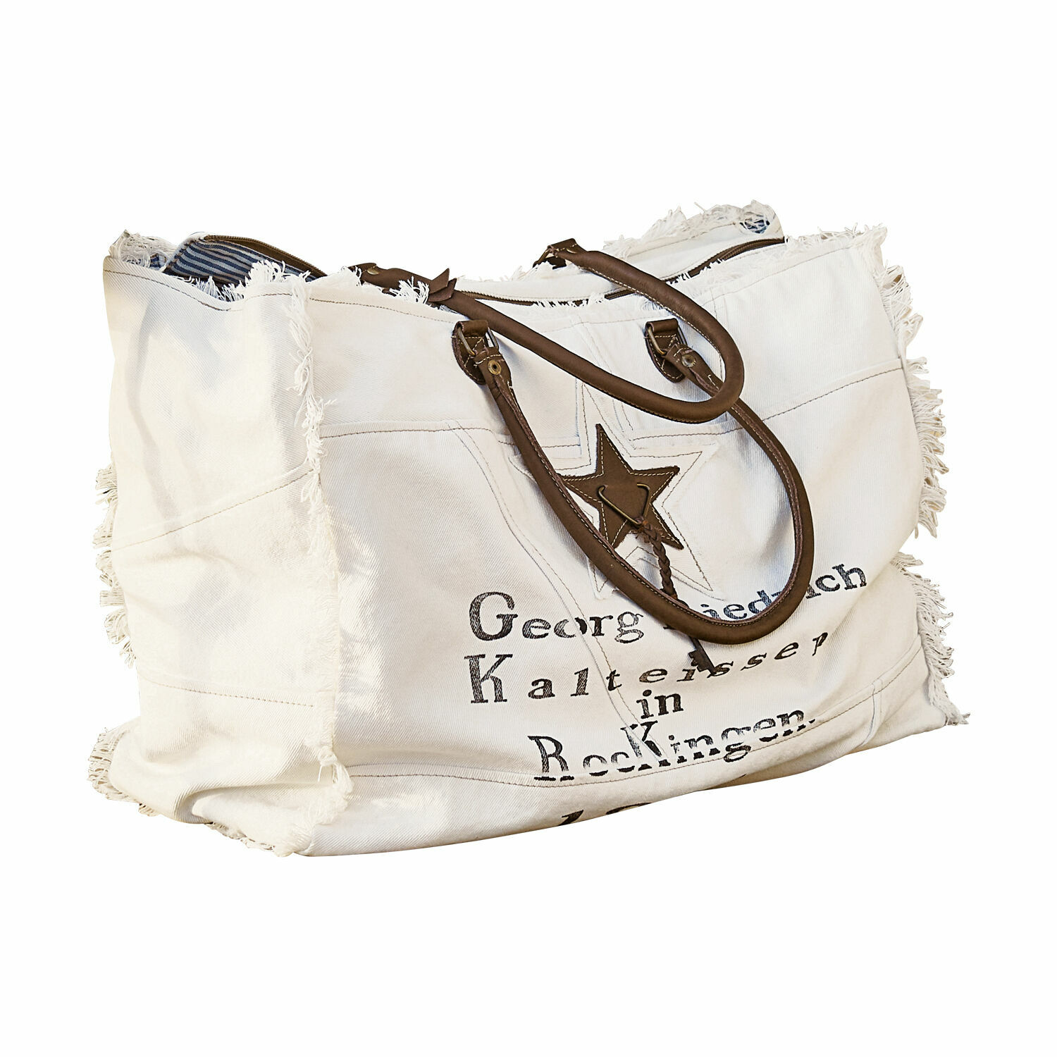 Tasche Friedrich Grosse weisse Stofftasche mit braunen Griffen und Sternmotiv, praktische Einkaufstasche