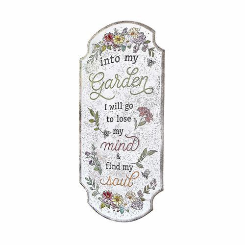 Dekorative Gartentafel mit Schriftzug und Blumenmotiv auf weissem Hintergrund, Gartendekoration