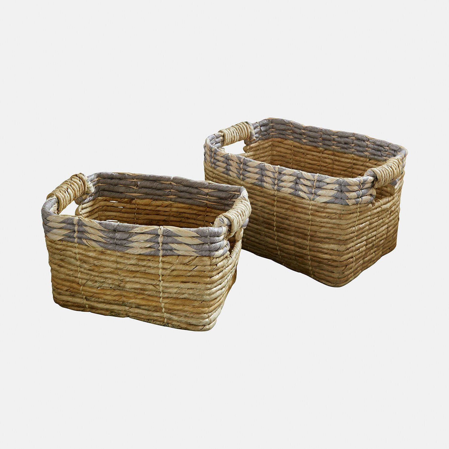 Set mit zwei rechteckigen Körben aus geflochtenem Natur- und Grauton für Aufbewahrung