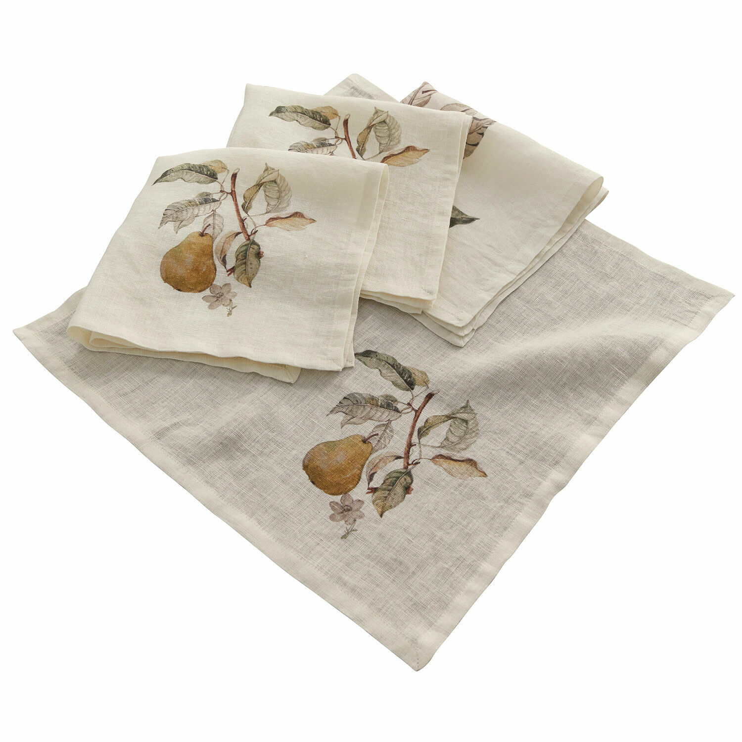 Serviette 4er Set Tupisa Leinenservietten in Creme mit Birnen- und Blattmotiv, dekorative Tischtextilien