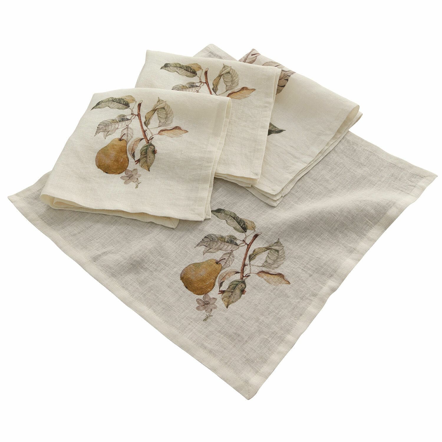 Serviette 4er Set Tupisa Leinenservietten in Creme mit Birnen- und Blattmotiv, dekorative Tischtextilien