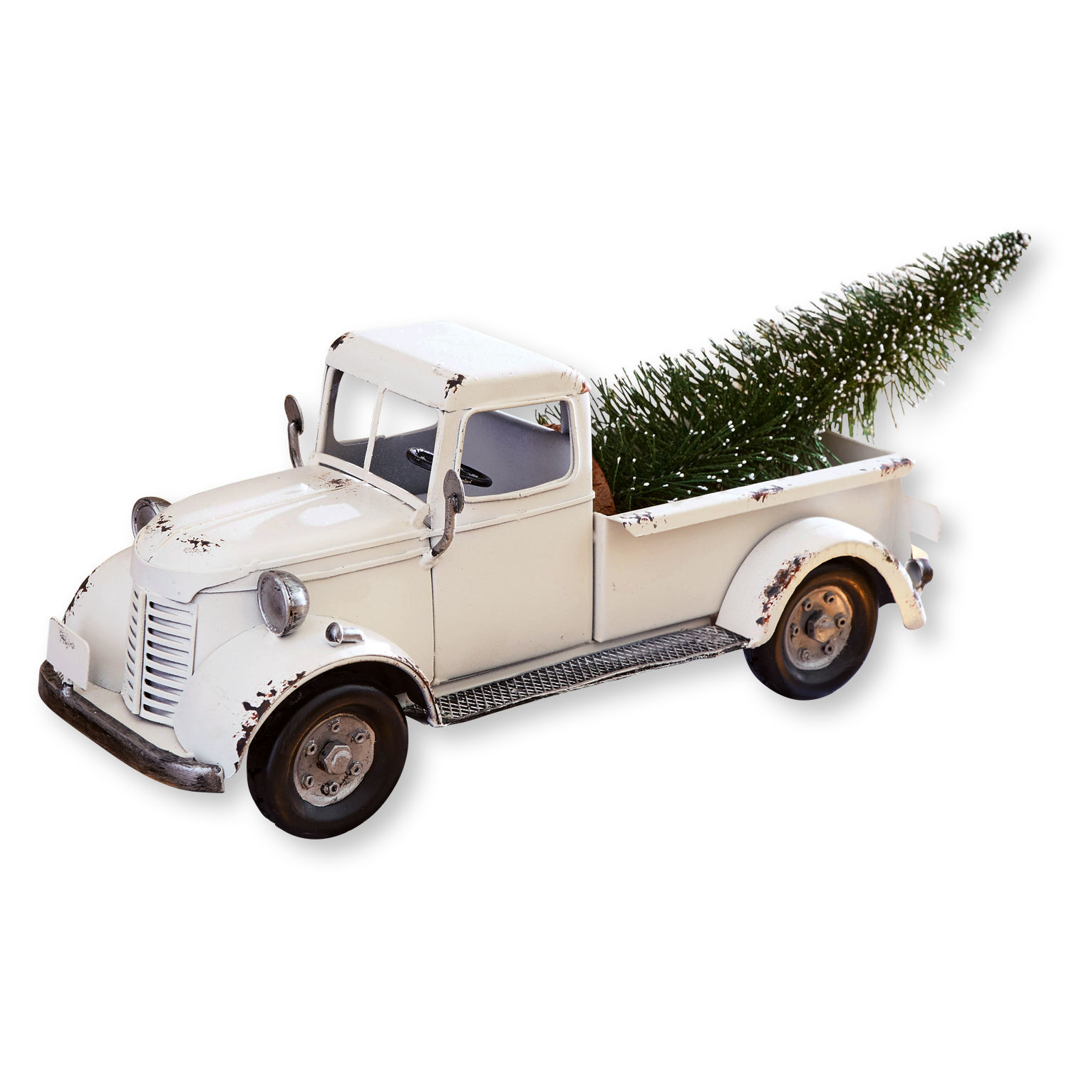 Deko-Auto Formis Weisses Metallmodell eines alten Lastwagens mit grünem Dekotannenbaum auf der Ladefläche, Weihnachtsdekoration