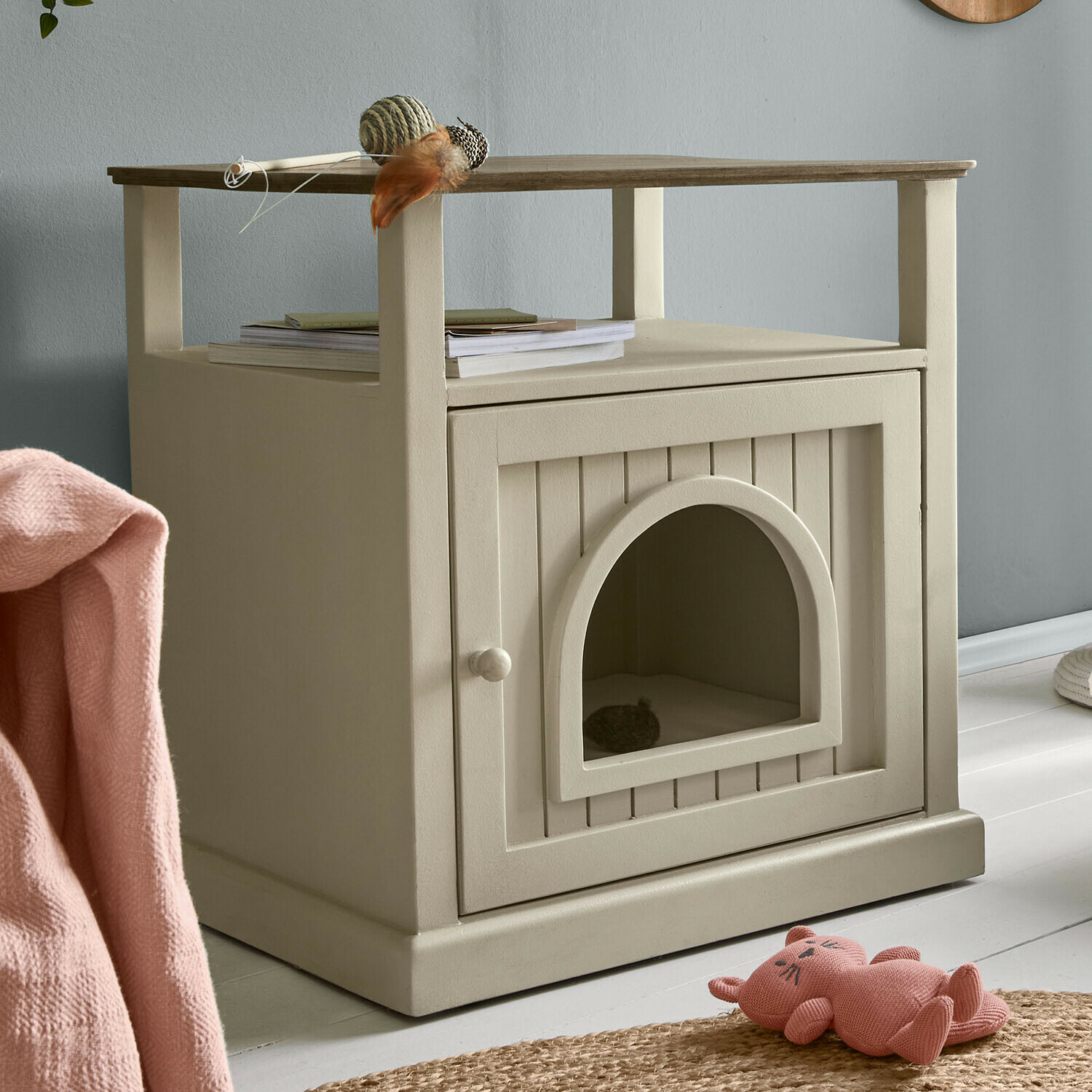 Katzenhaus Miresas Beige Holz-Katzenhaus mit Ablagefläche für Bücher und Spielzeug in modernem Raum