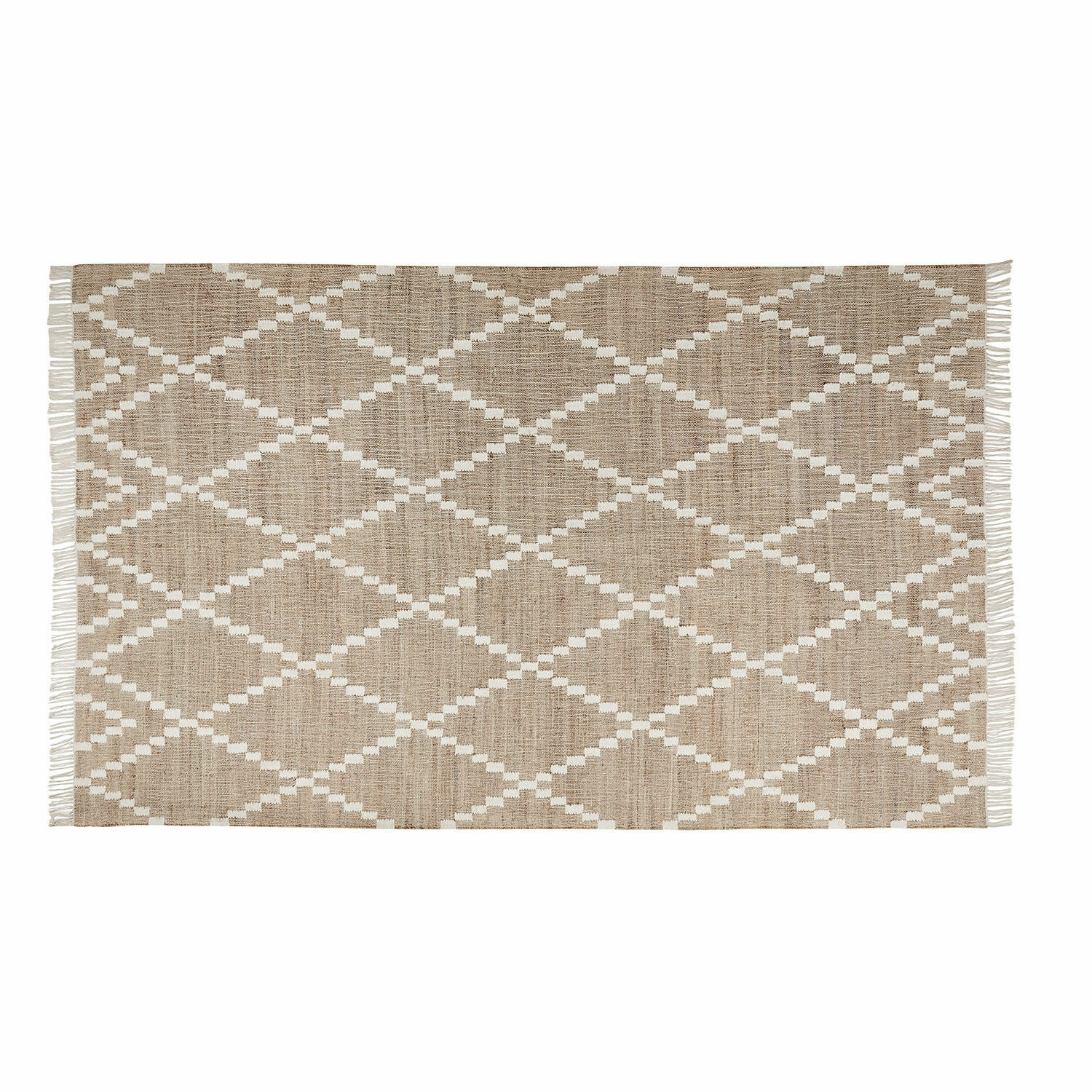 In- & Outdoorteppich Piera Beiger Teppich mit geometrischem Muster und Fransen aus Naturmaterial, Wohnaccessoire