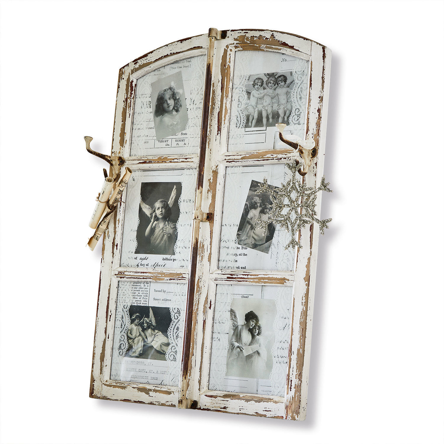 Dekoboard Armindo Rustikales Wandbrett aus Holz mit weissem Shabby-Chic-Finish und Metallhaken zur Dekoration
