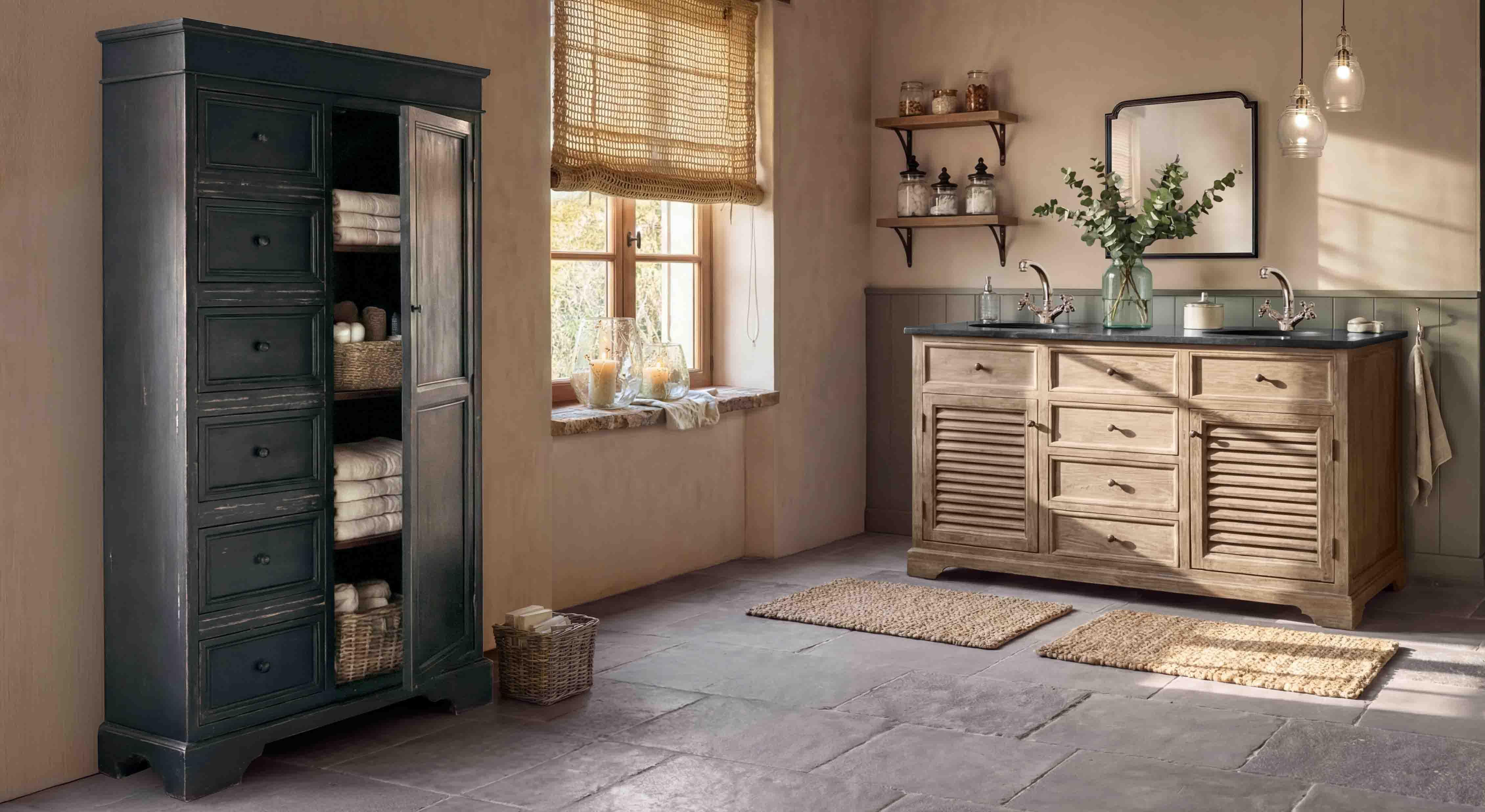 Rustikales Badezimmer mit hellem Holzwaschschrank und schwarzem Schrank für Handtücher, Naturteppiche