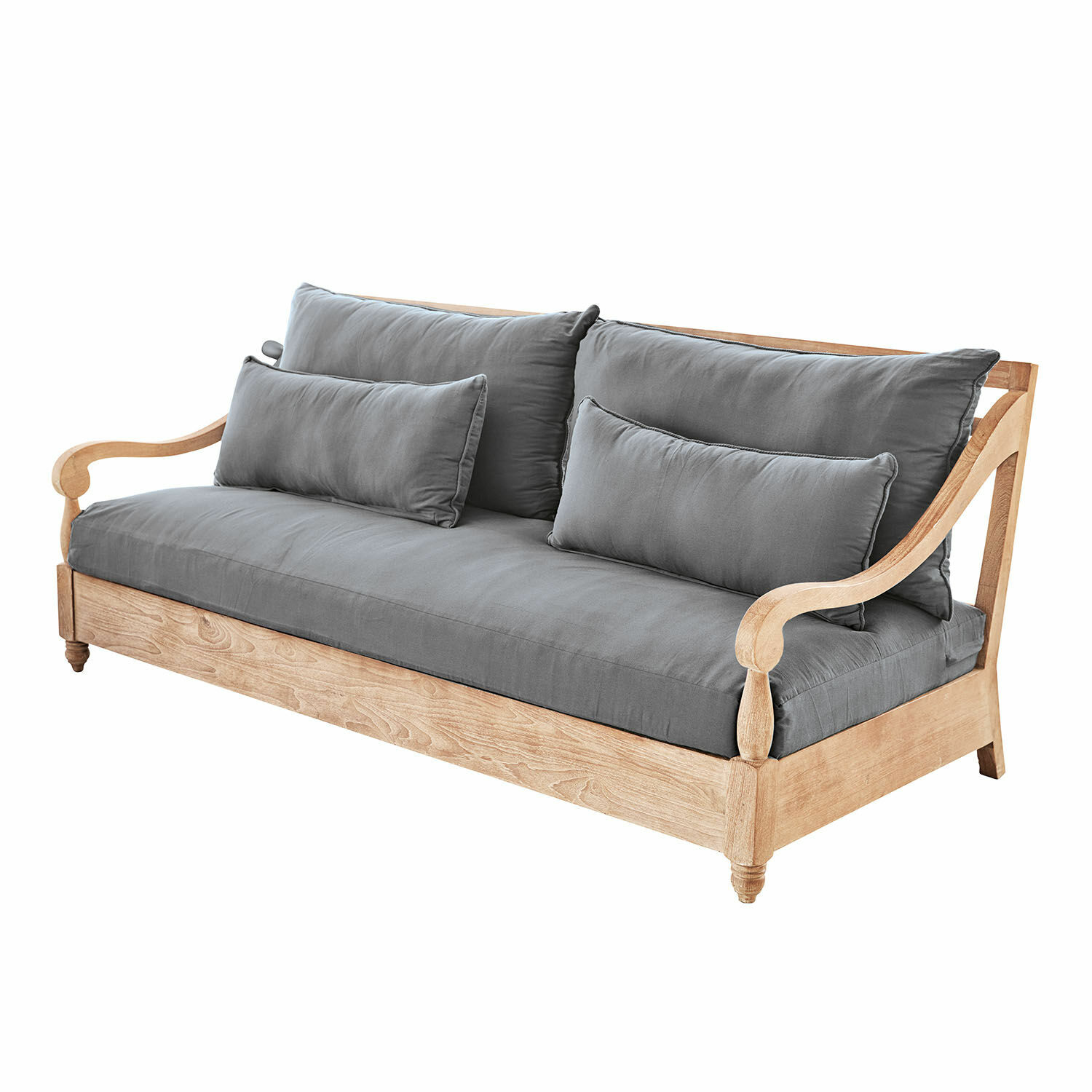 Sofa Montcassin Sofa aus hellem Holz mit grauen Kissen, bequemes Wohnzimmermöbel aus Naturmaterialien