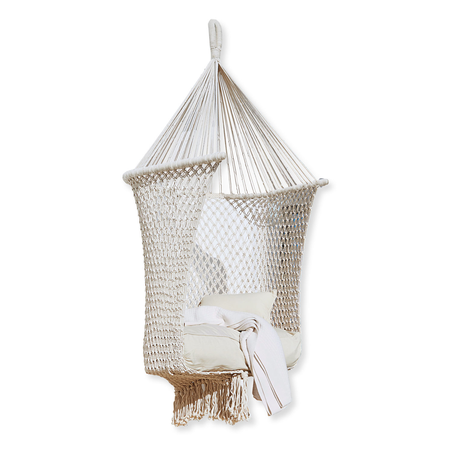 Hängesessel Raffaelle Beiger Hängesessel aus Baumwollnetz mit Kissen und Decke, gemütlich für Innen- und Aussenbereich