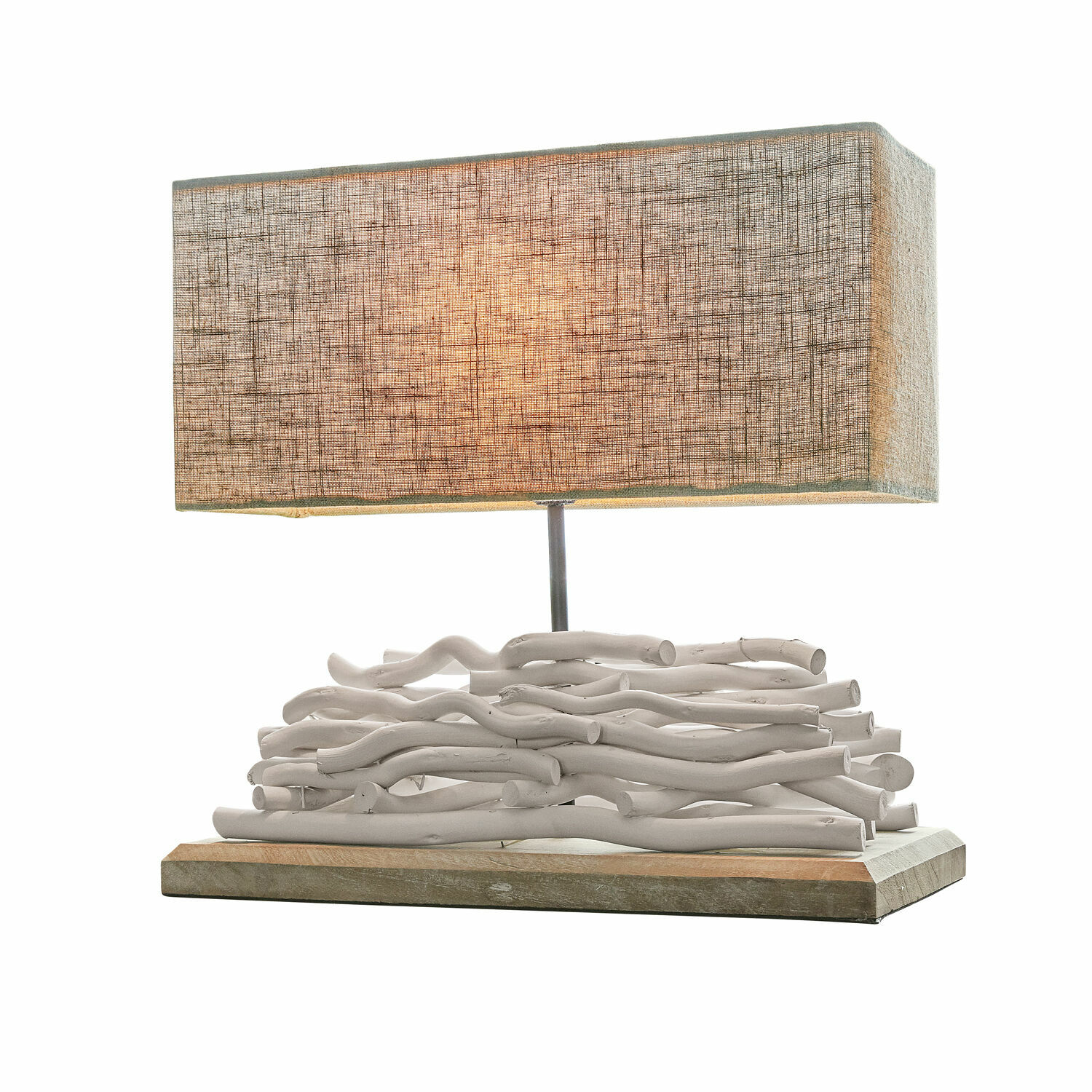 Tischlampe Caribou Tischlampe aus weissem Holz mit beigem Stoffschirm im rustikalen Stil