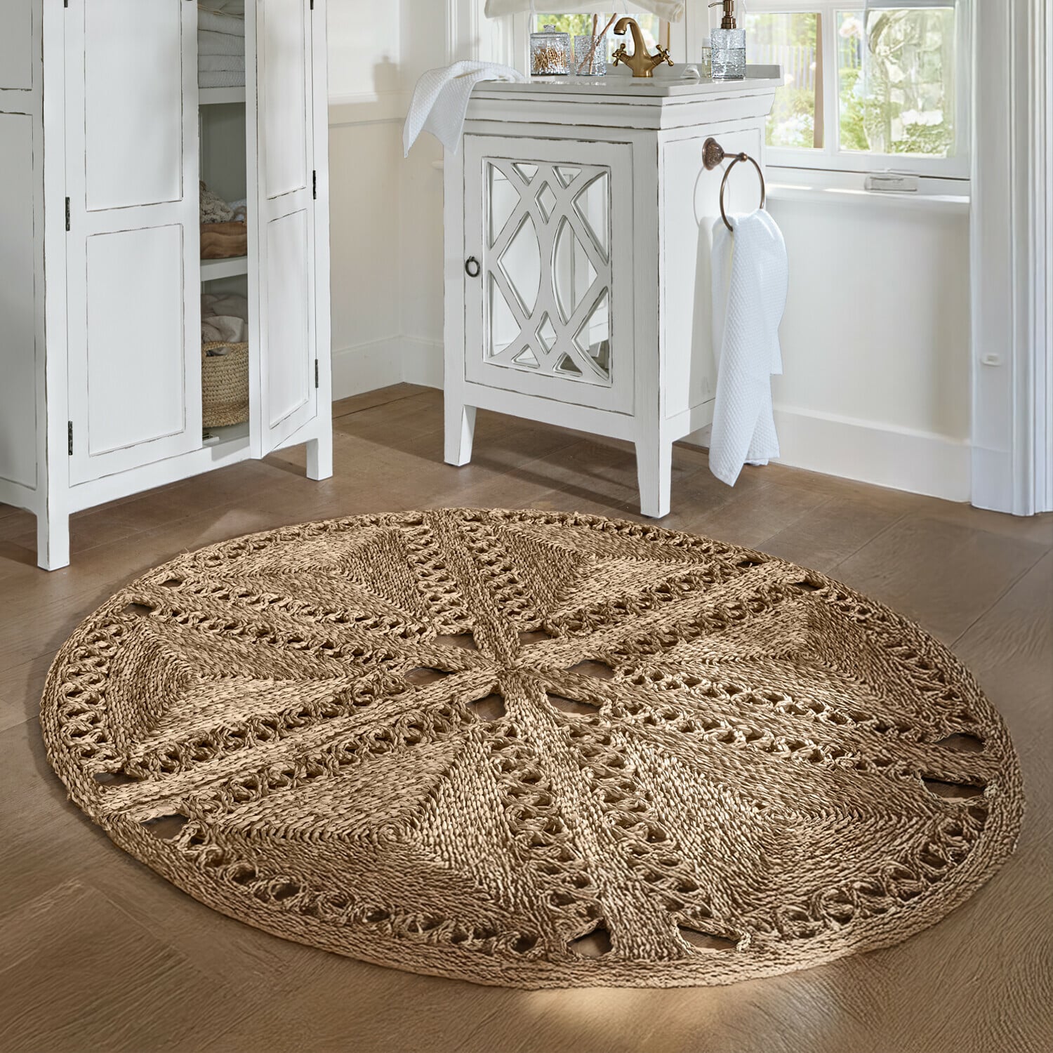 Teppich Penwicks Runder Teppich aus natürlichem Tauwerk in Beige mit dekorativem Muster, für Wohnzimmer oder Bad