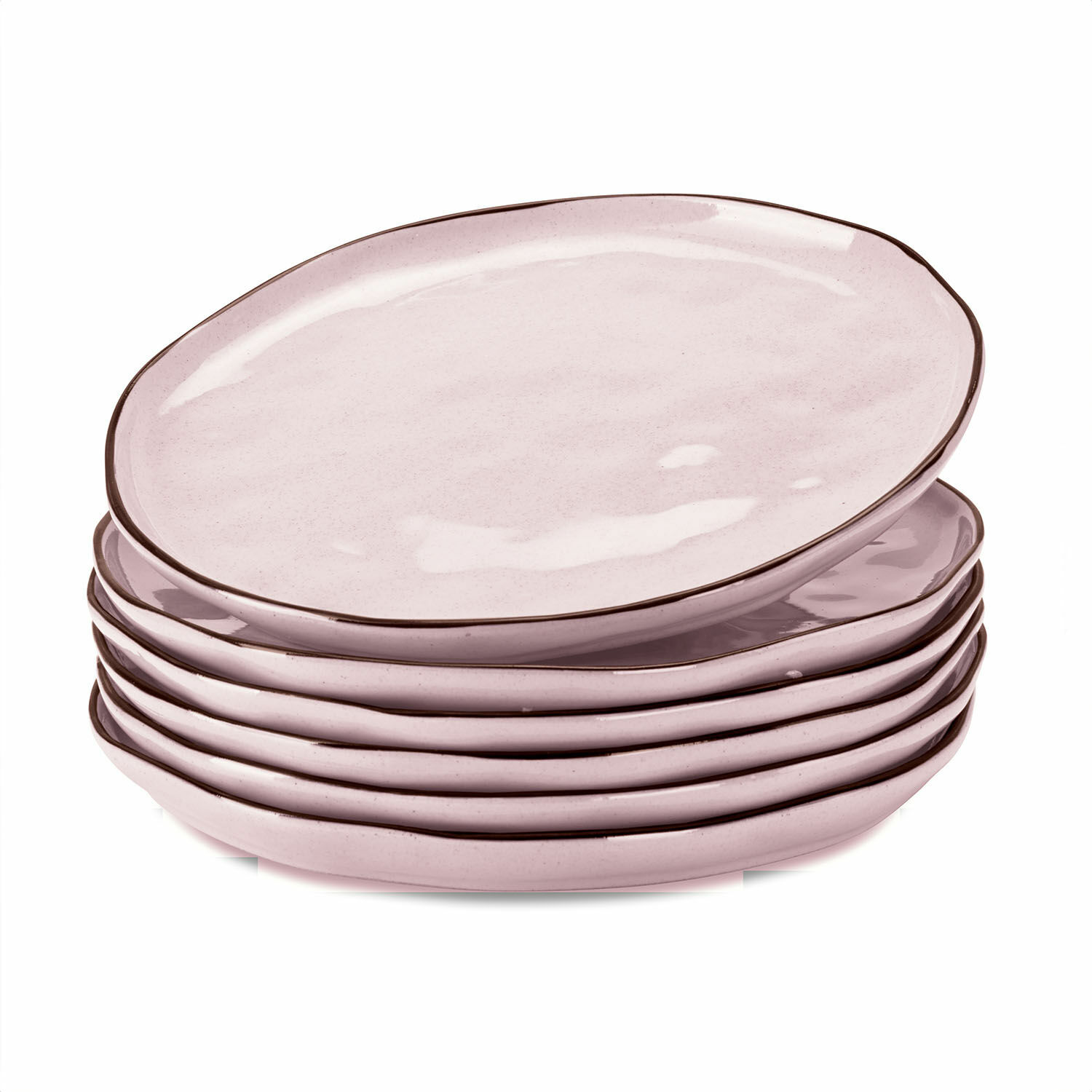 rosa 6-teiliges Biarritz-Keramikteller-Set in Rosa mit braunem Rand für den Esstisch