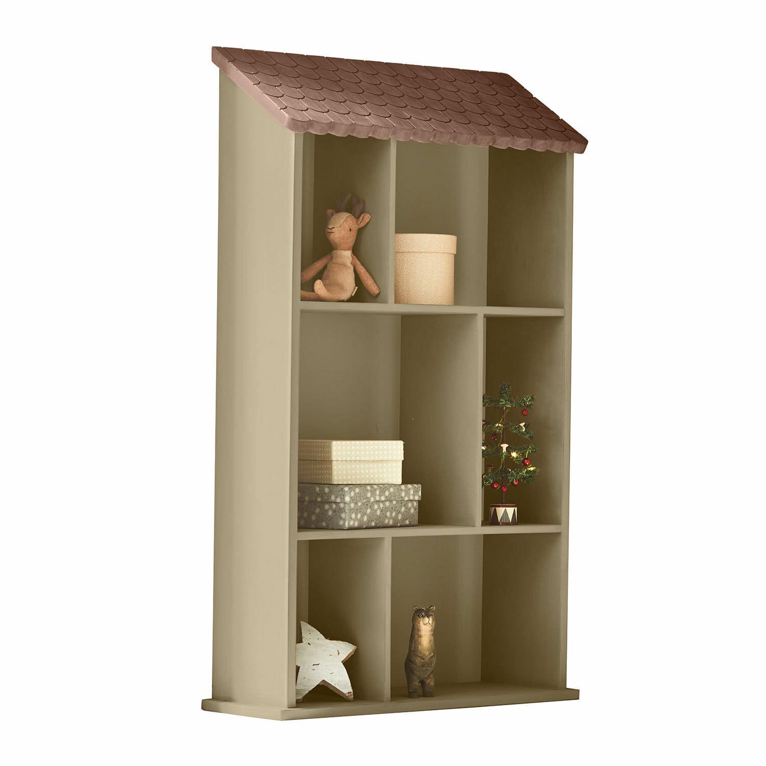 Wandregal Zerith Beige Holzregal in Hausform mit braunem Dach und Weihnachtsdekoration
