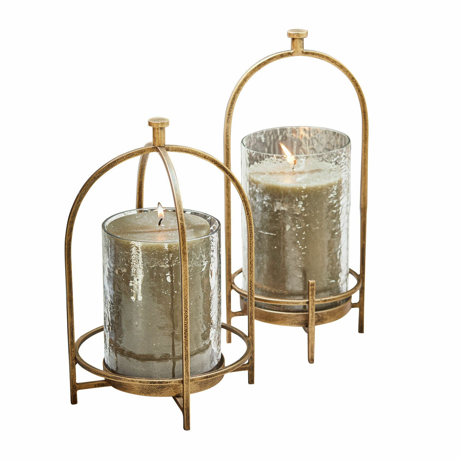 Windlicht 2er Set Biserre Set mit zwei Metall-Kerzenhaltern in Antikgold mit grauen Kerzen in strukturiertem Glas