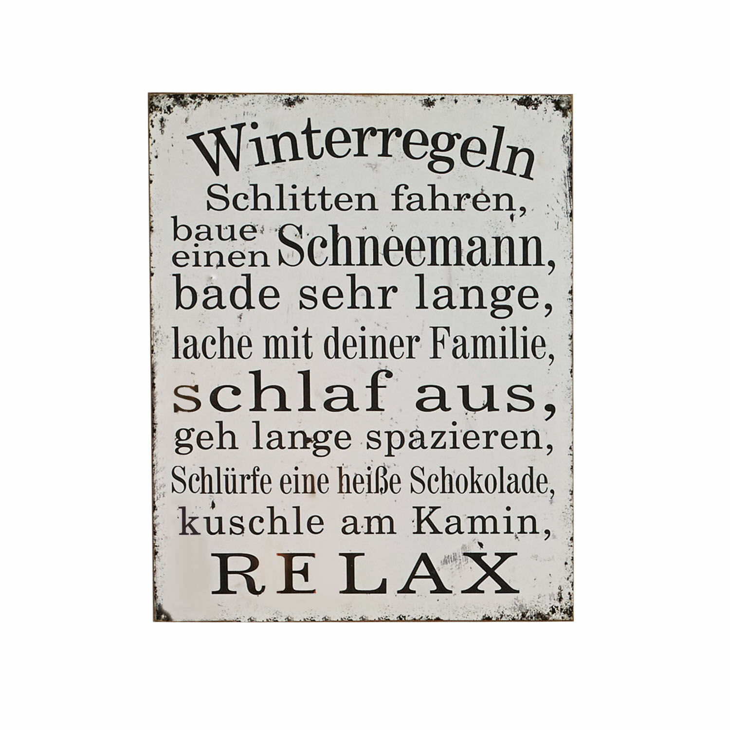Dekoboard Winterregeln Weisse Metalltafel mit schwarzen Winterregeln als Wanddekoration im Vintage-Stil