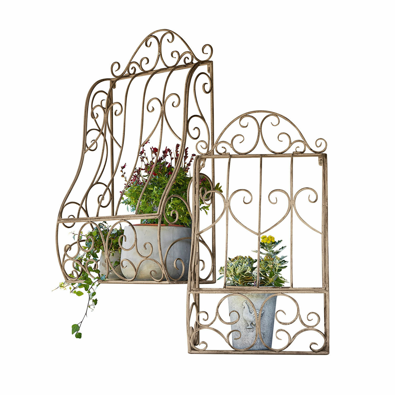 Wandregal 2er Set Alvra Beige Metall-Dekorationsgitter mit Pflanzen, geeignet für Garten- und Wohnraumdekoration.