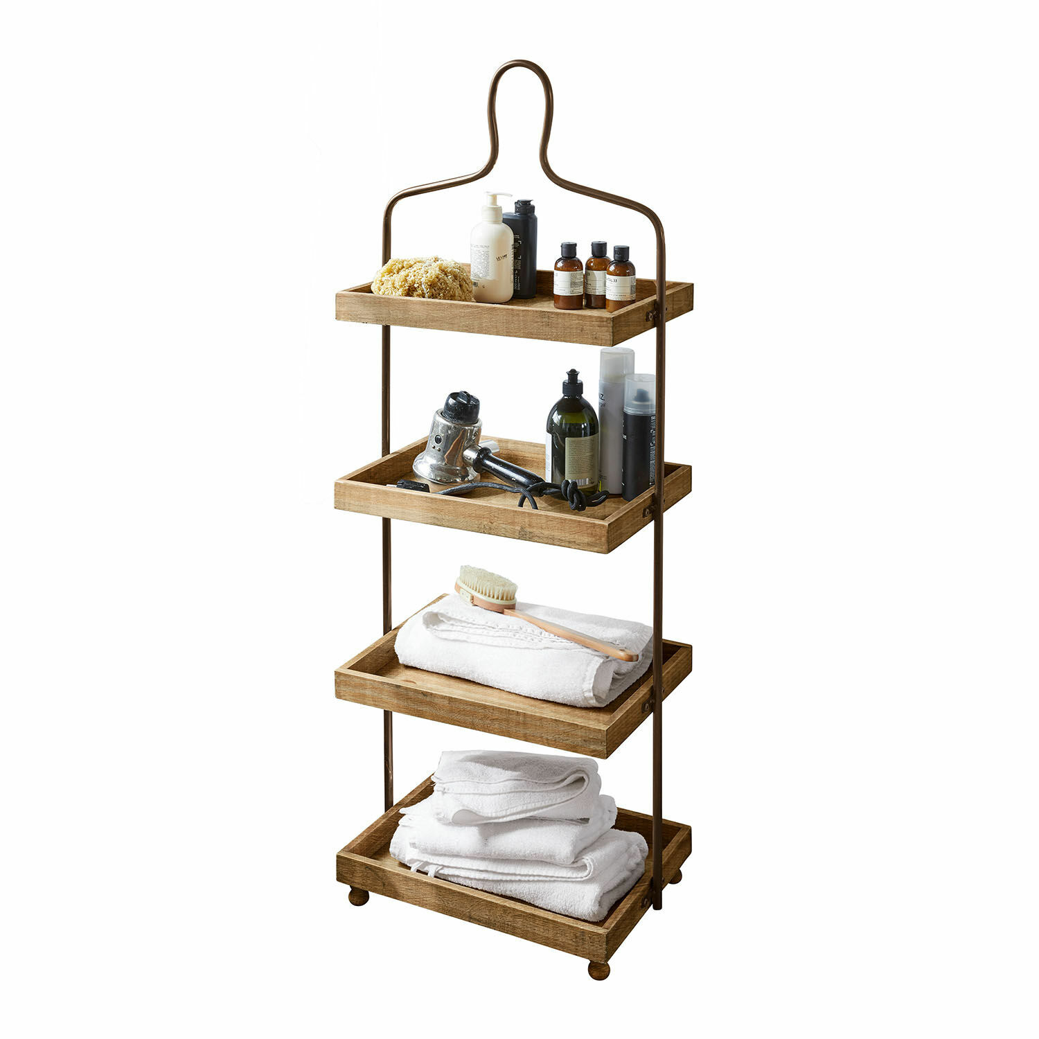 Etagere Lasse aus braunem Holz und schwarzem Metall mit Handtüchern und Badutensilien