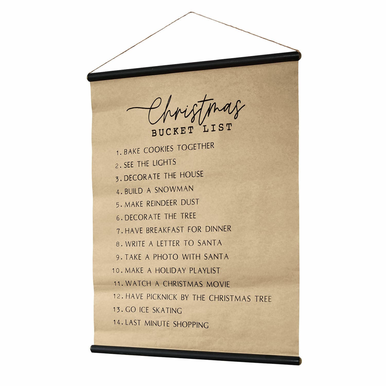 Bild Christmas Bucket List Dekorativer Wandbehang mit Weihnachts-Bucket-List auf braunem Papier und schwarzen Details