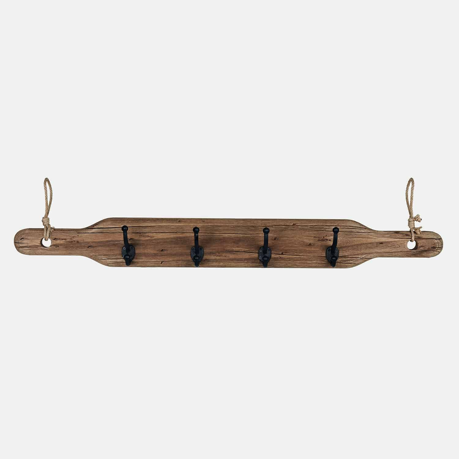 Hakenleiste Havsberg Rustikaler Holz-Wandhaken mit vier schwarzen Metallhaken und Aufhängeschnur