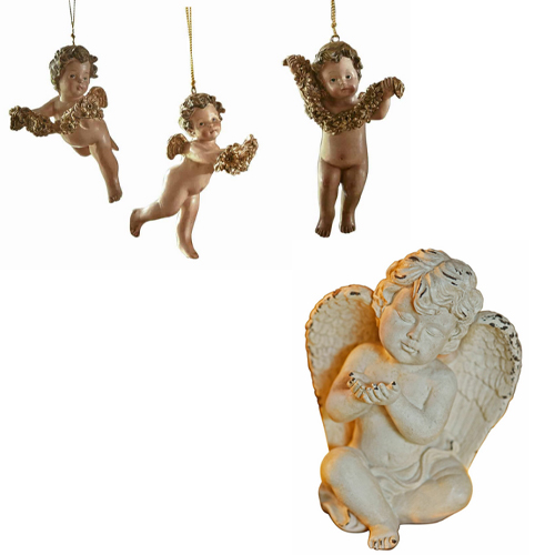 Set aus vier beigen Engel-Dekorationen zum Aufhängen und Aufstellen, festlicher Schmuck