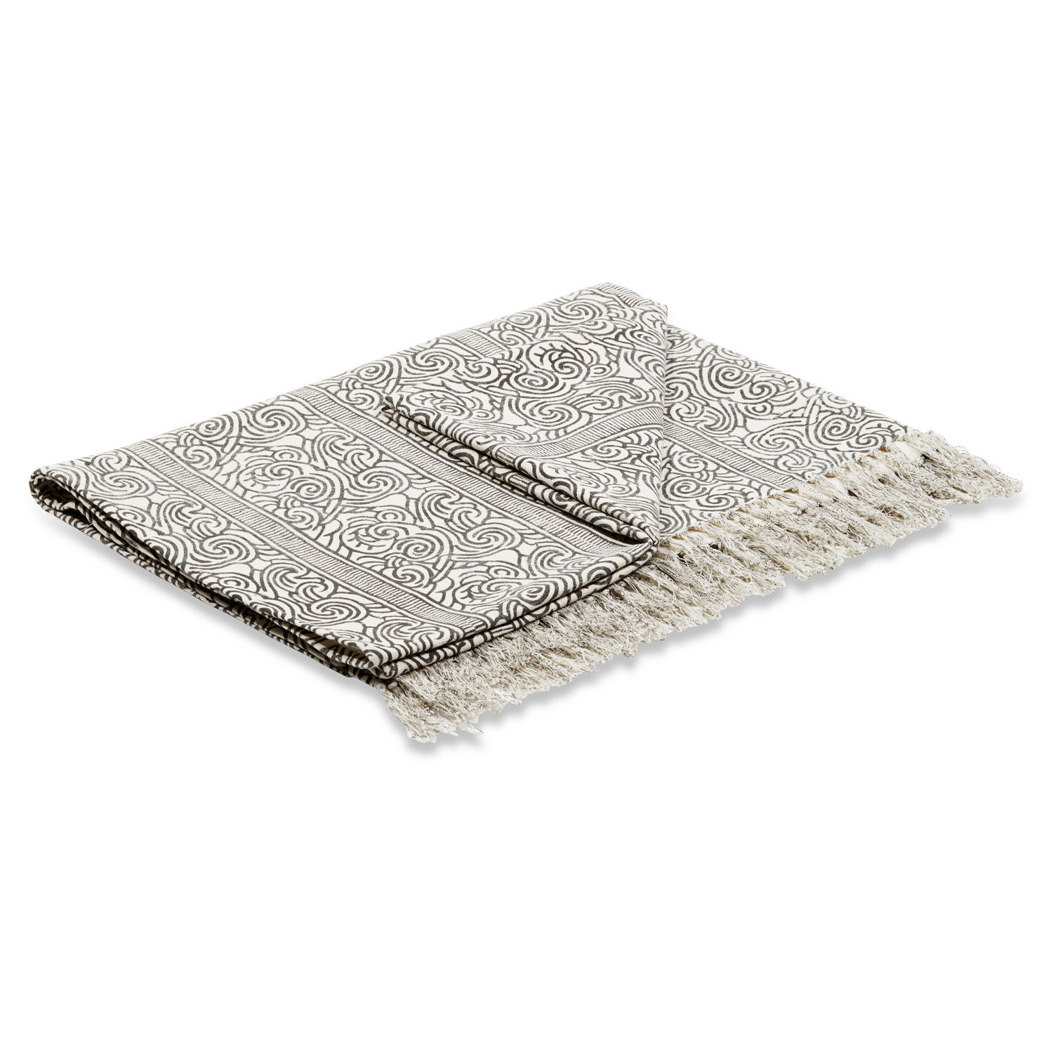 Plaid Ensis Baumwolldecke in Weiss mit schwarzem Muster und Fransen, dekorativer Wohntextil-Akzent
