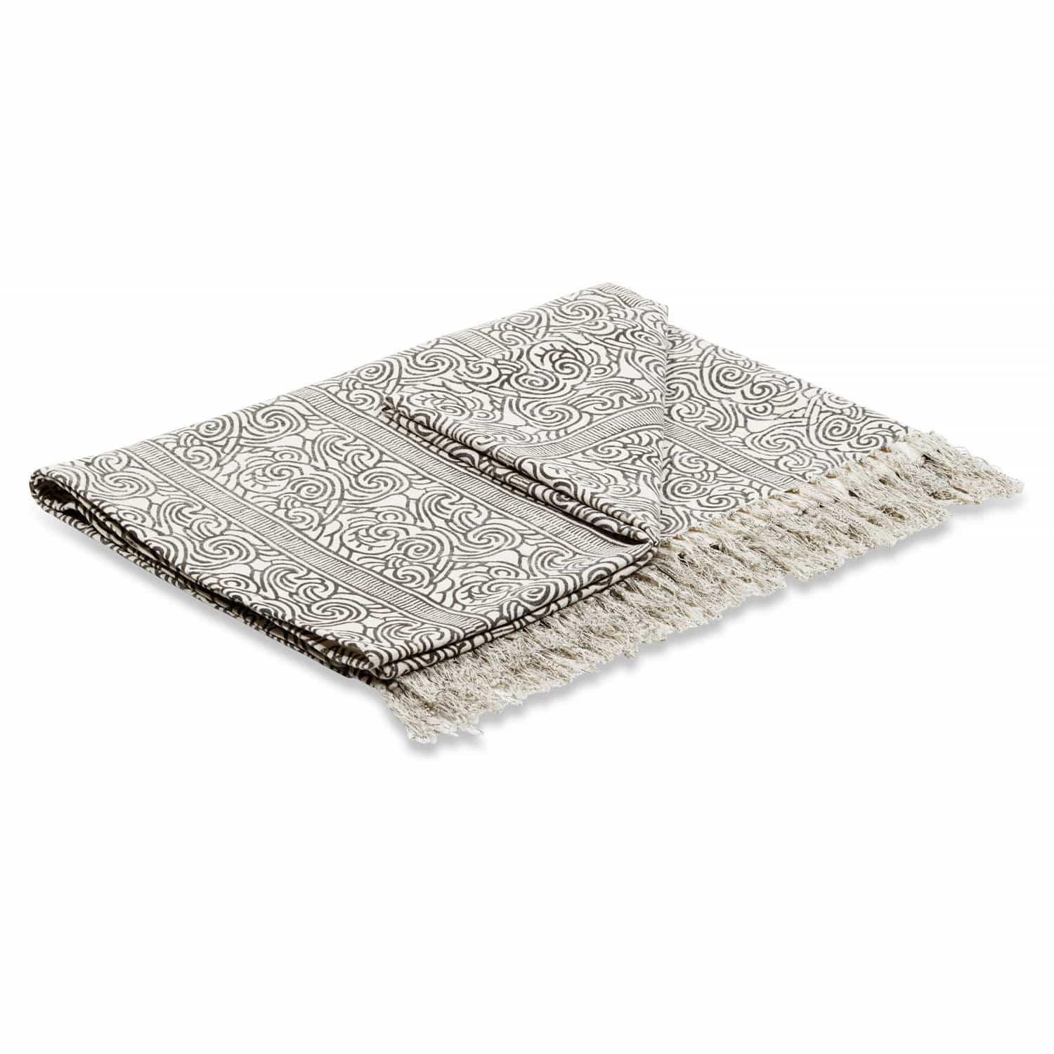 Plaid Ensis Baumwolldecke in Weiss mit schwarzem Muster und Fransen, dekorativer Wohntextil-Akzent