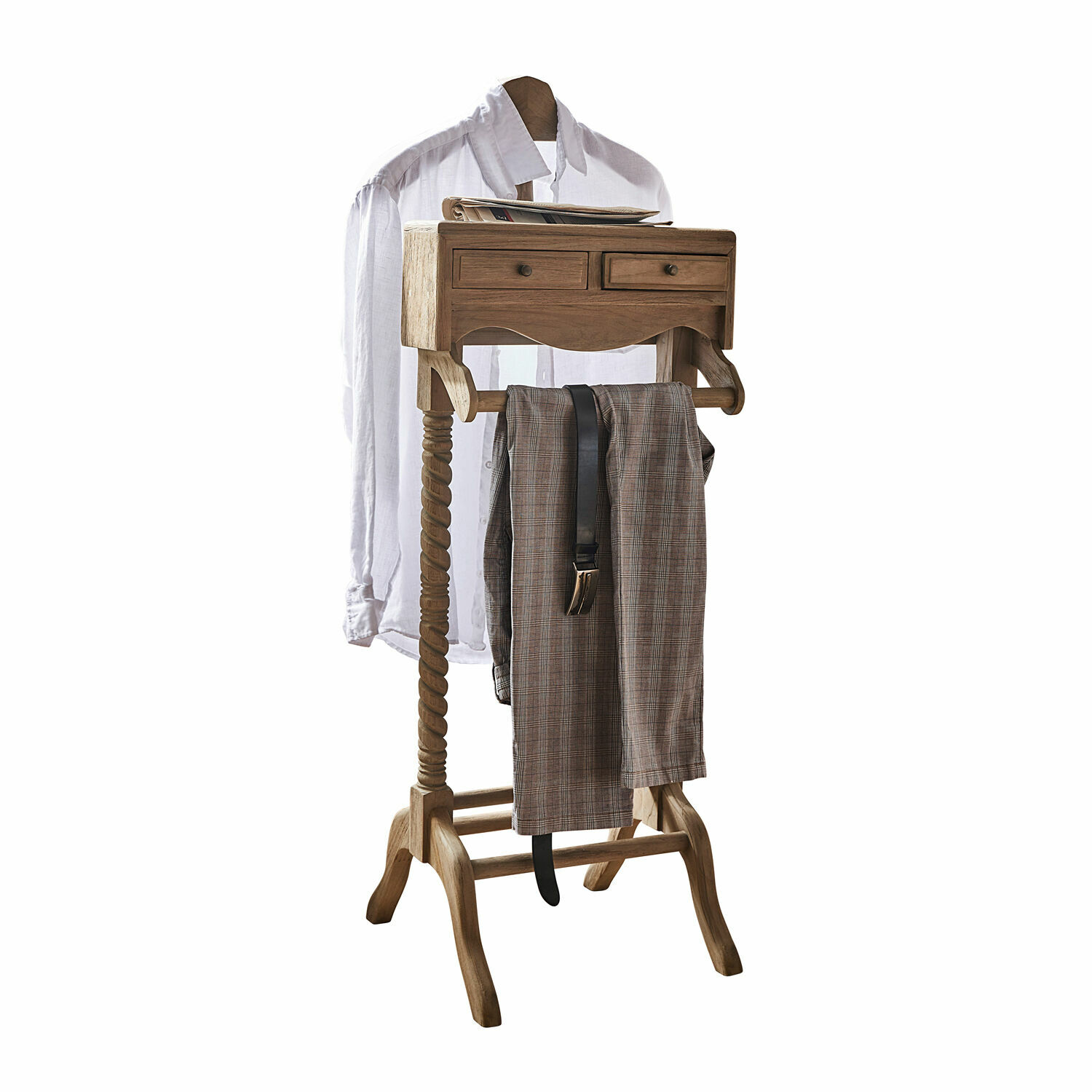 Herrendiener Doncaster Kleiderständer aus Holz mit zwei Schubladen und Hosenhalter in natürlicher Holzfarbe