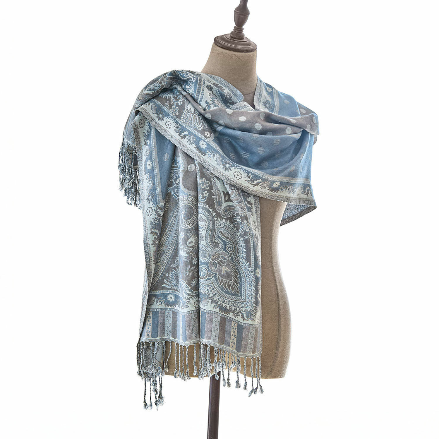 Schal Bijapur Blau-grauer Schal mit Paisley-Muster und Fransen, weiches Material, modisches Accessoire