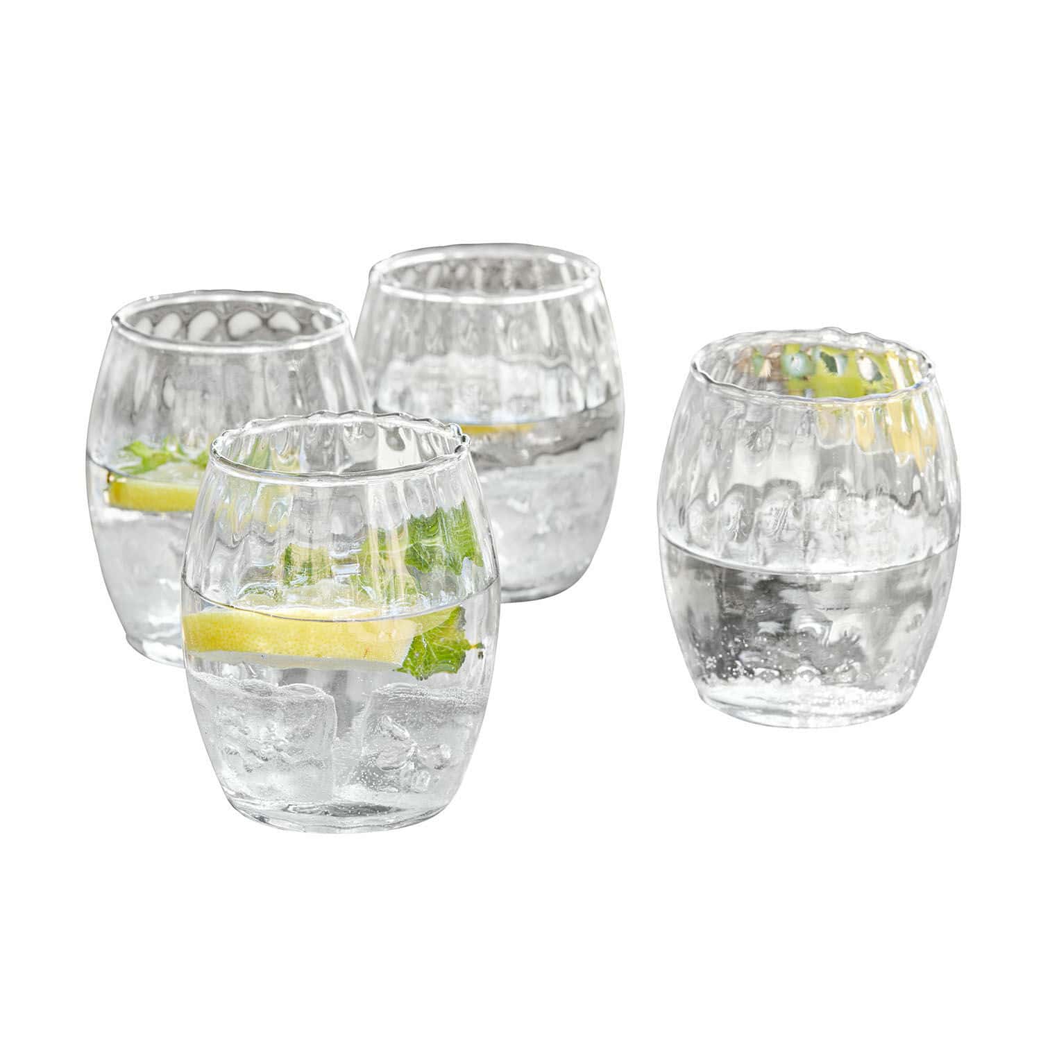 Glas 4er Set Bourgavin Set aus vier transparenten, strukturierten Gläsern mit Wasser, Zitrone und Minze