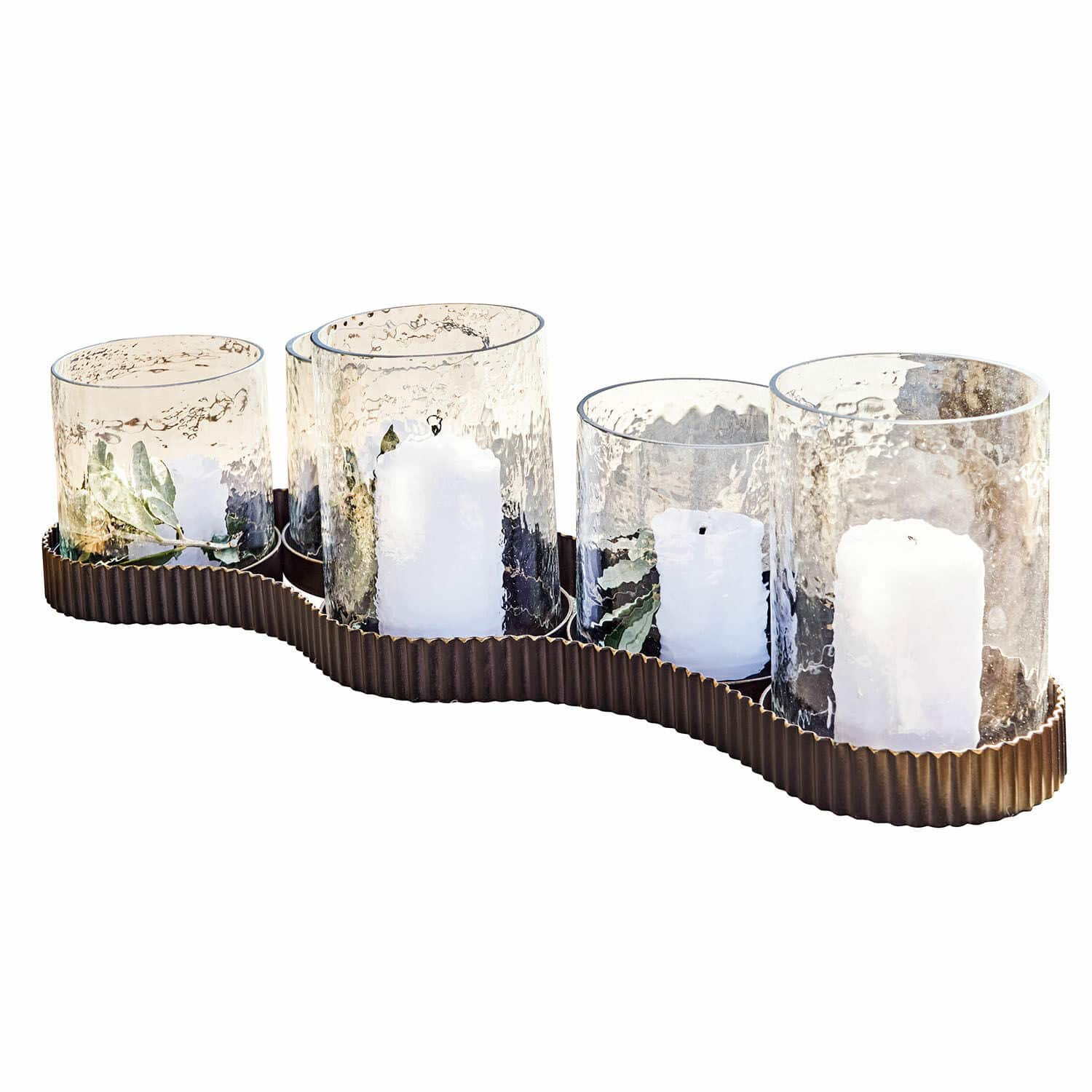 Windlicht Méridienn Set aus 5 Glaswindlichtern mit weissen Kerzen auf braunem Metallständer als Dekoration