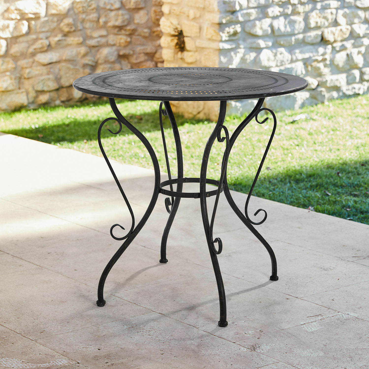 Tisch Aube Runder schwarzer Metall-Gartentisch mit dekorativen Beinen für Terrasse und Garten