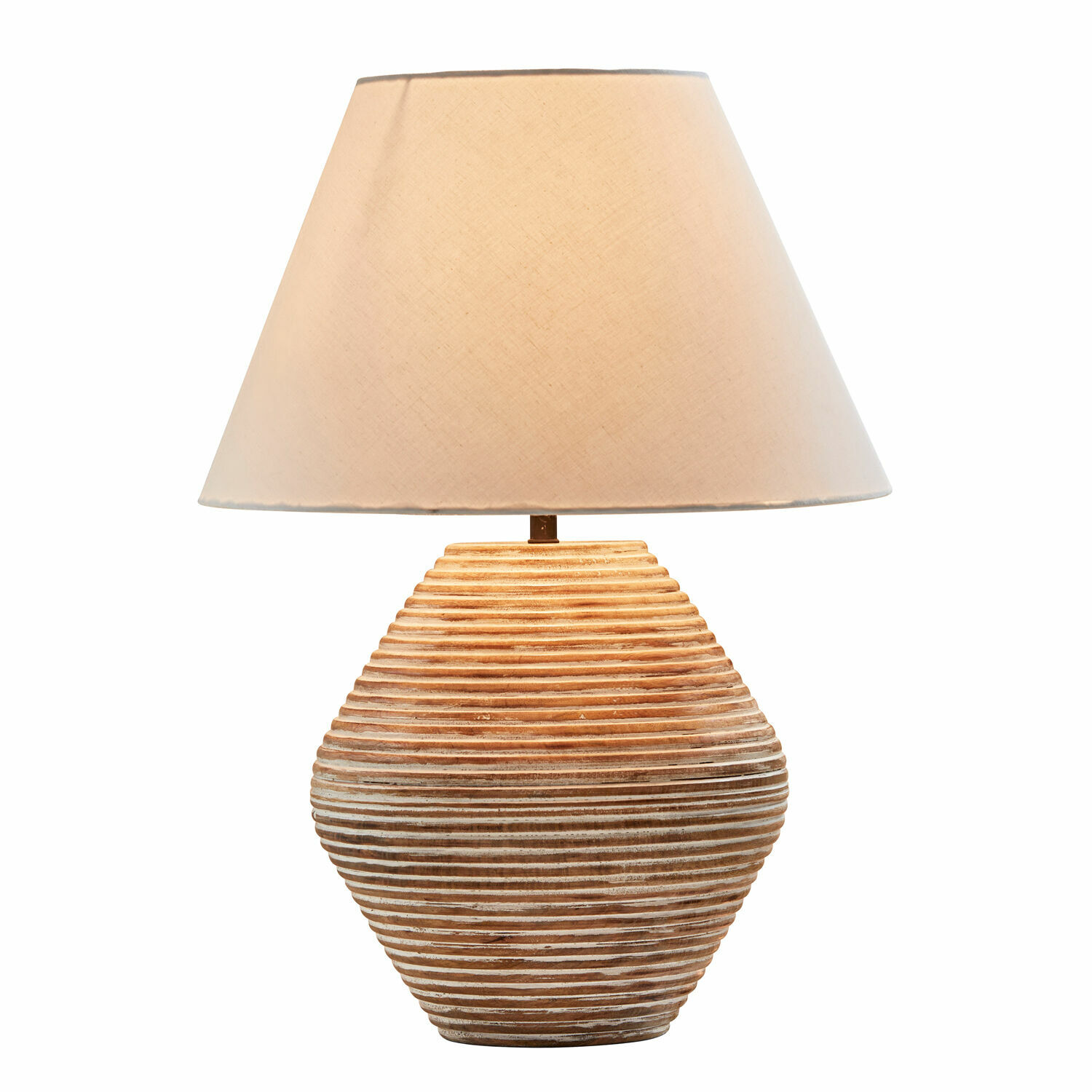 Tischlampe Landelin Tischlampe mit beigem Lampenschirm und braun-weiss gestreifter Keramikbasis