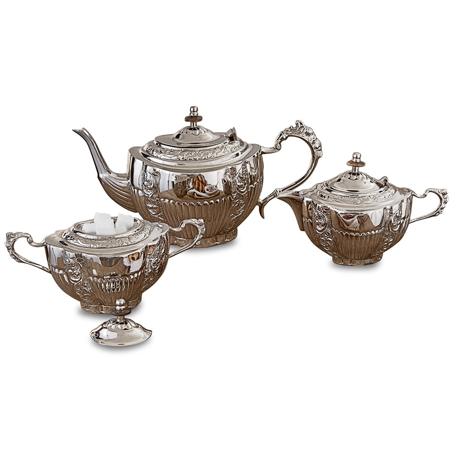 Tee-Set Ingliston Elegantes Teeservice aus versilbertem Metall mit Kanne, Zuckerdose und Milchkännchen