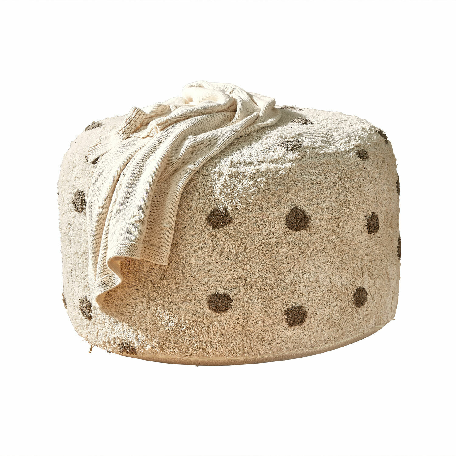 Pouf Thivalie Beiger Pouf aus weichem Material mit braunen Punkten und cremefarbenem Überzug, gemütliches Wohnzimmermöbel.