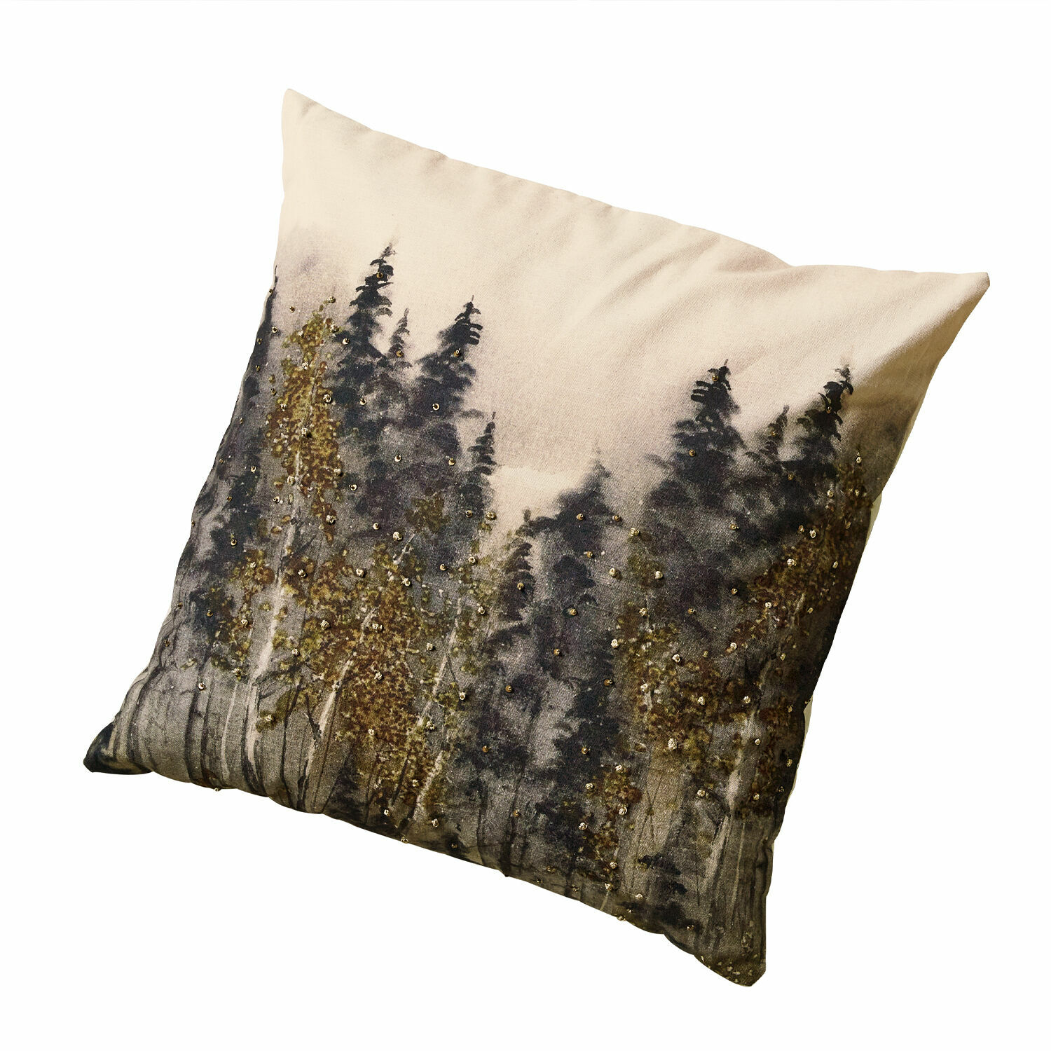 Kissenhülle Aurignac Beige Dekokissen mit Waldmotiv und goldenen Pailletten, weiches Material, Wohnaccessoire
