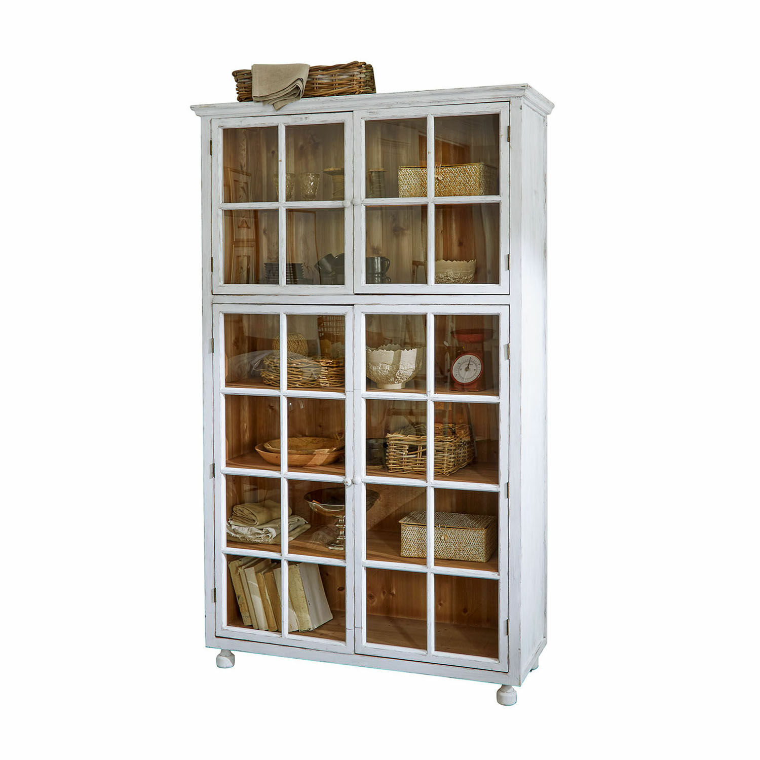 Schrank Bellac Weisse Holzvitrine mit Glastüren und natürlichem Innenraum, elegantes Wohnzimmermöbel