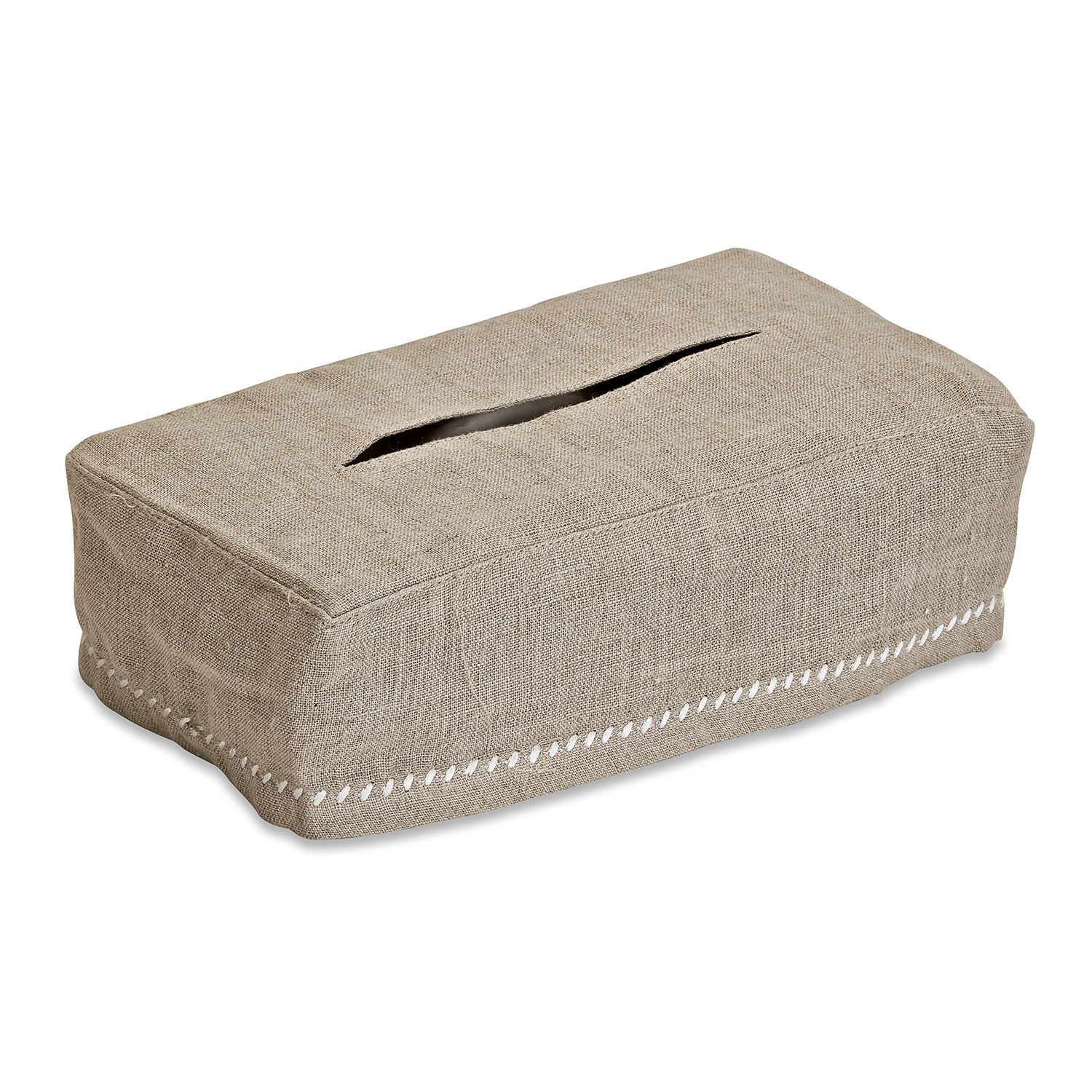 Beige Leinenhusse für Taschentuchbox mit weisser Ziernaht, dekoratives Wohnaccessoire